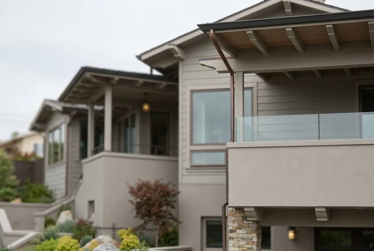 Front exterior of a hillside custom home with stone veneer, natural wood accents, and a walkout lower level in Redwood City