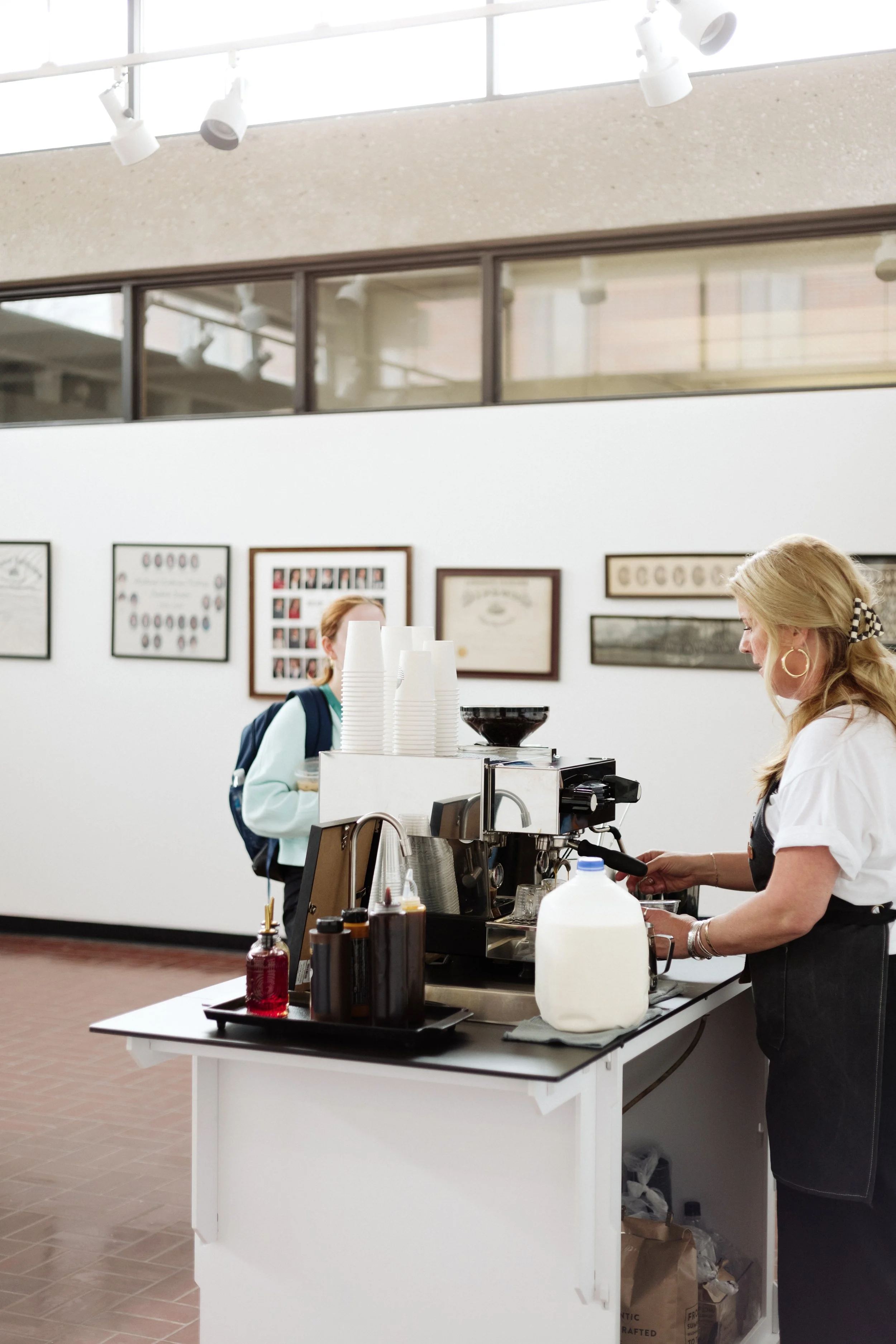 The Cart and Co full-service mobile coffee cart serving handcrafted lattes at Midland University in Fremont, Nebraska for a private event for students