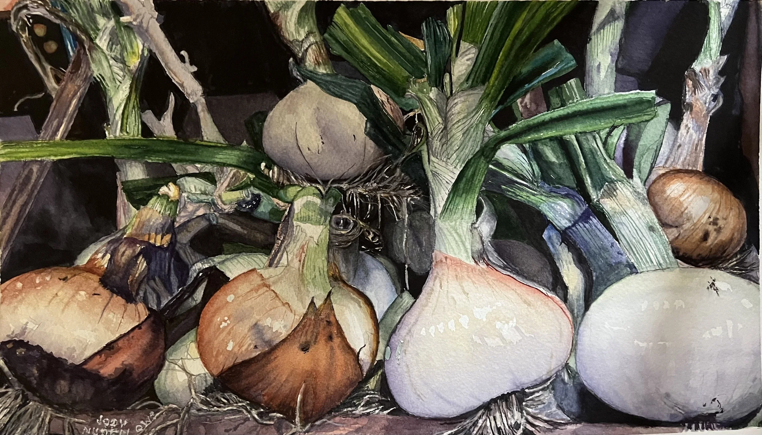 Jody Nudell (Girard, OH) Les Oignions Frais, watercolor, $750