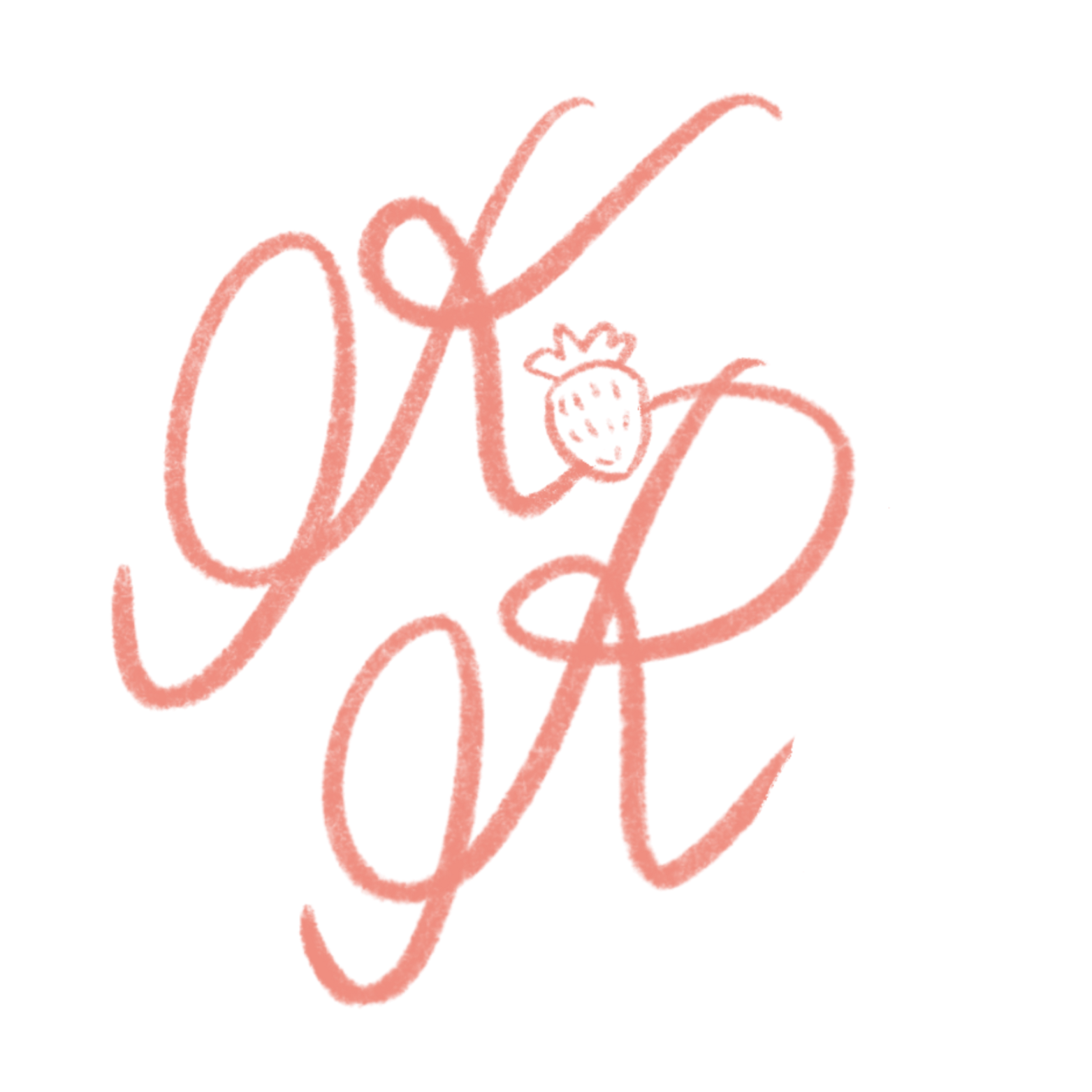 Handwritten cursive text in pink says 'love.' The letter 'o' is replaced with a drawing of a strawberry.