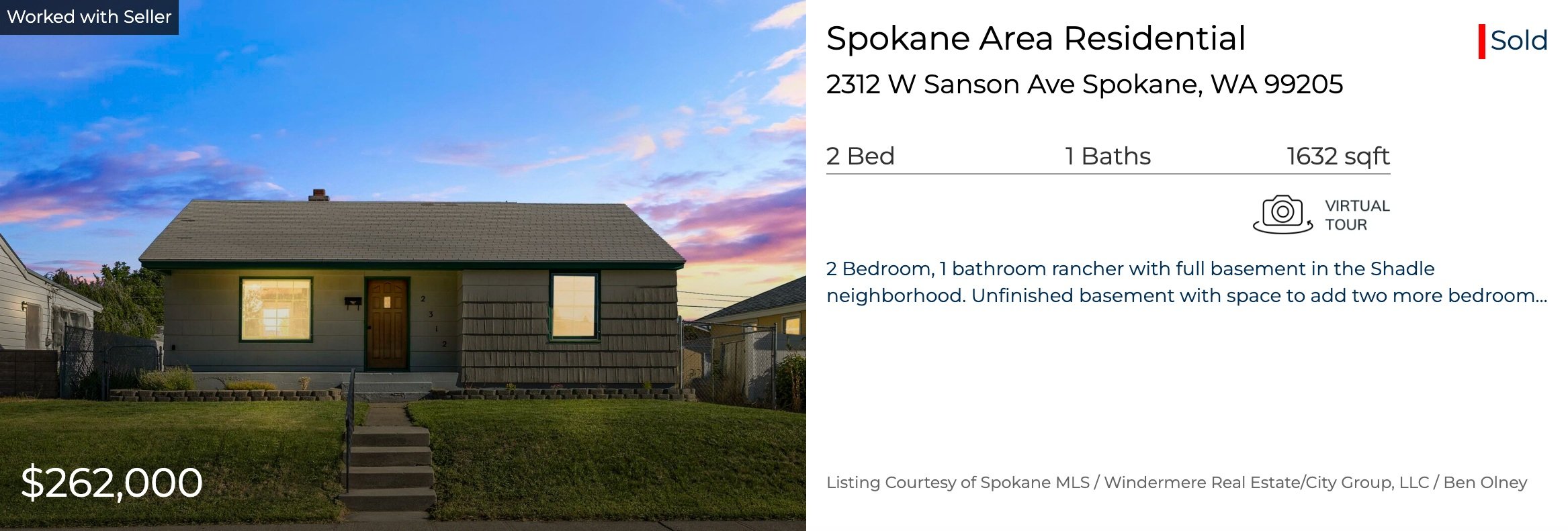 Photo of a small, gray, two-story house with a gabled roof, front steps, and surrounding grass yard, under a sky with pink and blue clouds, advertising a property listing for $262,000.