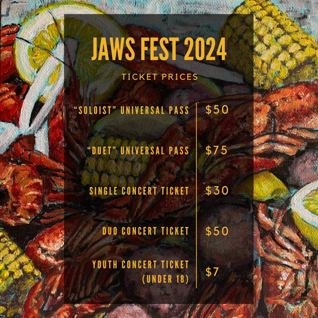 Tickets for JAWS Festival 2024 are now available! PLUS, during March, get an extra 10% off all listed ticket prices! See the link in our bio to purchase tickets.

&quot;Soloist&quot; Universal Pass: A ticket for one individual that grants access to A