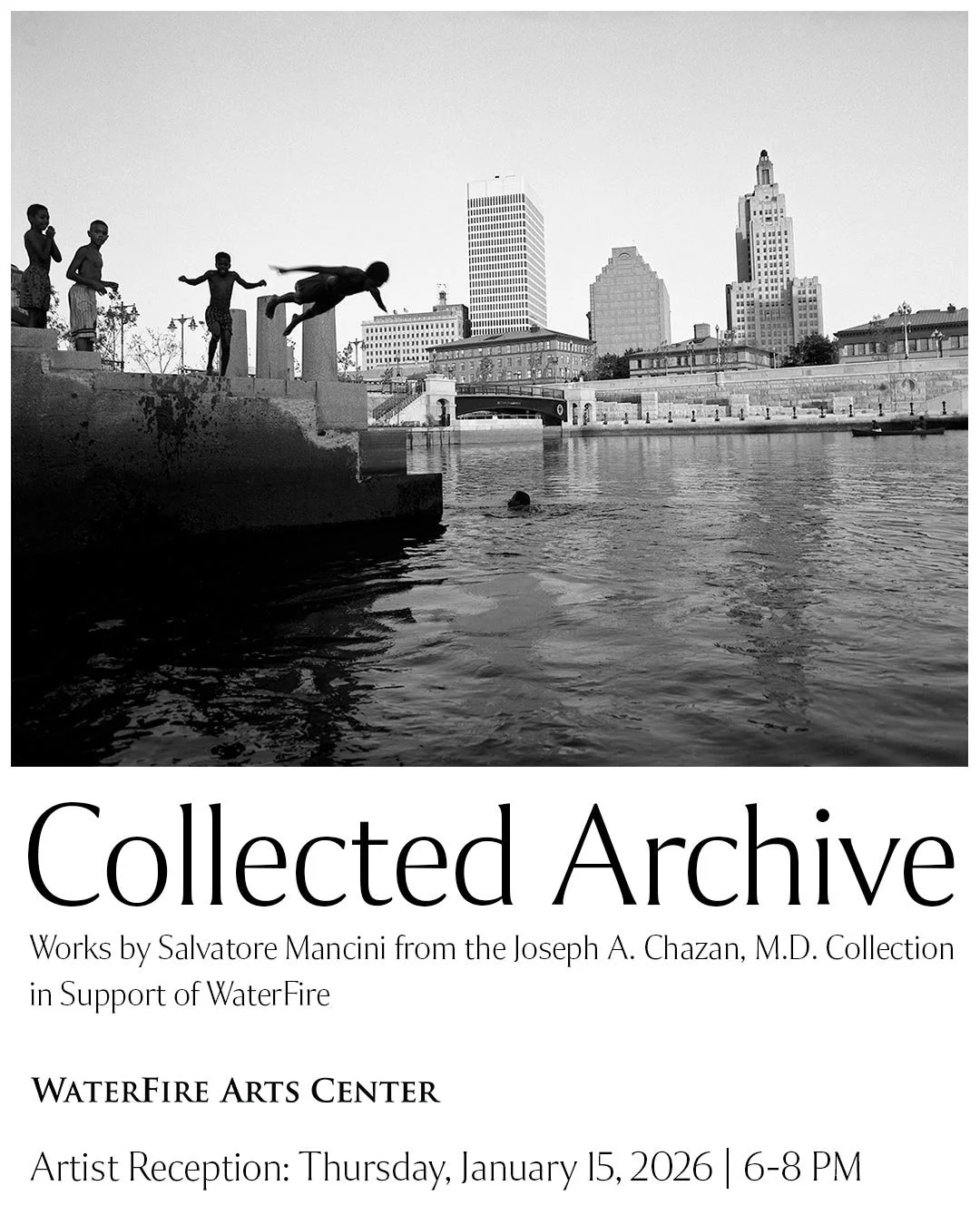 A black-and-white photo of children jumping into a river from a concrete platform with a city skyline in the background, including tall buildings and a bridge.