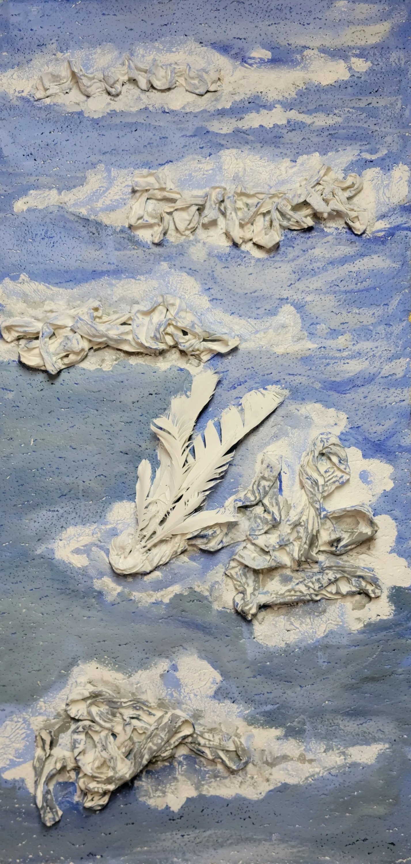 That Thing with Feathers, 2021, acrylic with poly-cotton and feathers on ceiling tile, 24" x 48"