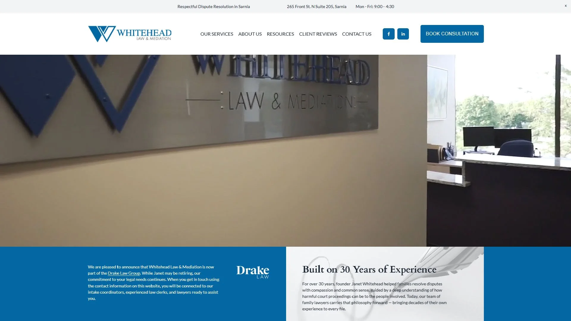 Screenshot of the Whitehead Law & Mediation homepage, featuring a header banner showing the firm's Sarnia office interior. The page includes the company logo and wordmark, main navigation menu, and introductory overview paragraphs.