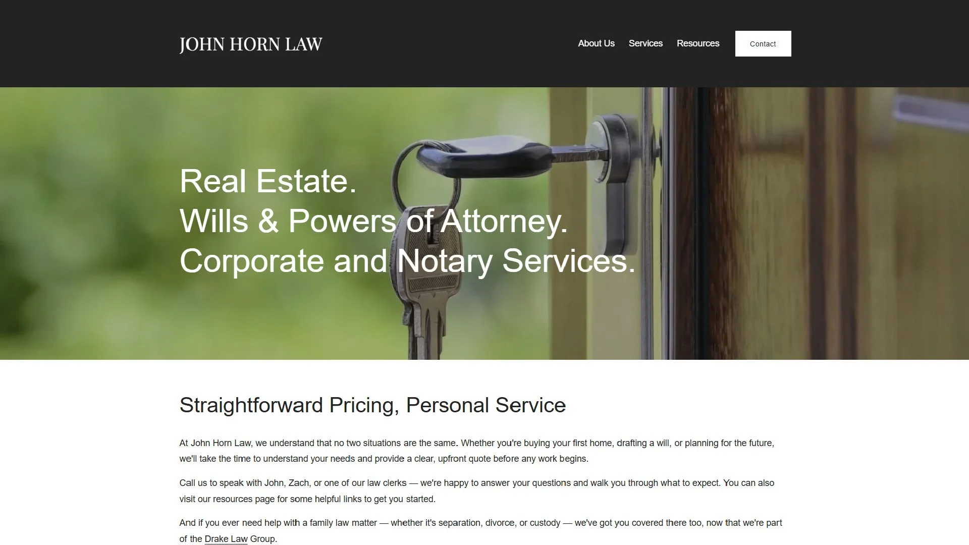 Screenshot of the John Horn Law homepage, featuring a real estate-themed header banner, the firm's wordmark, and main navigation menu. Overlay text and an introductory paragraph introduce the firm's legal services.