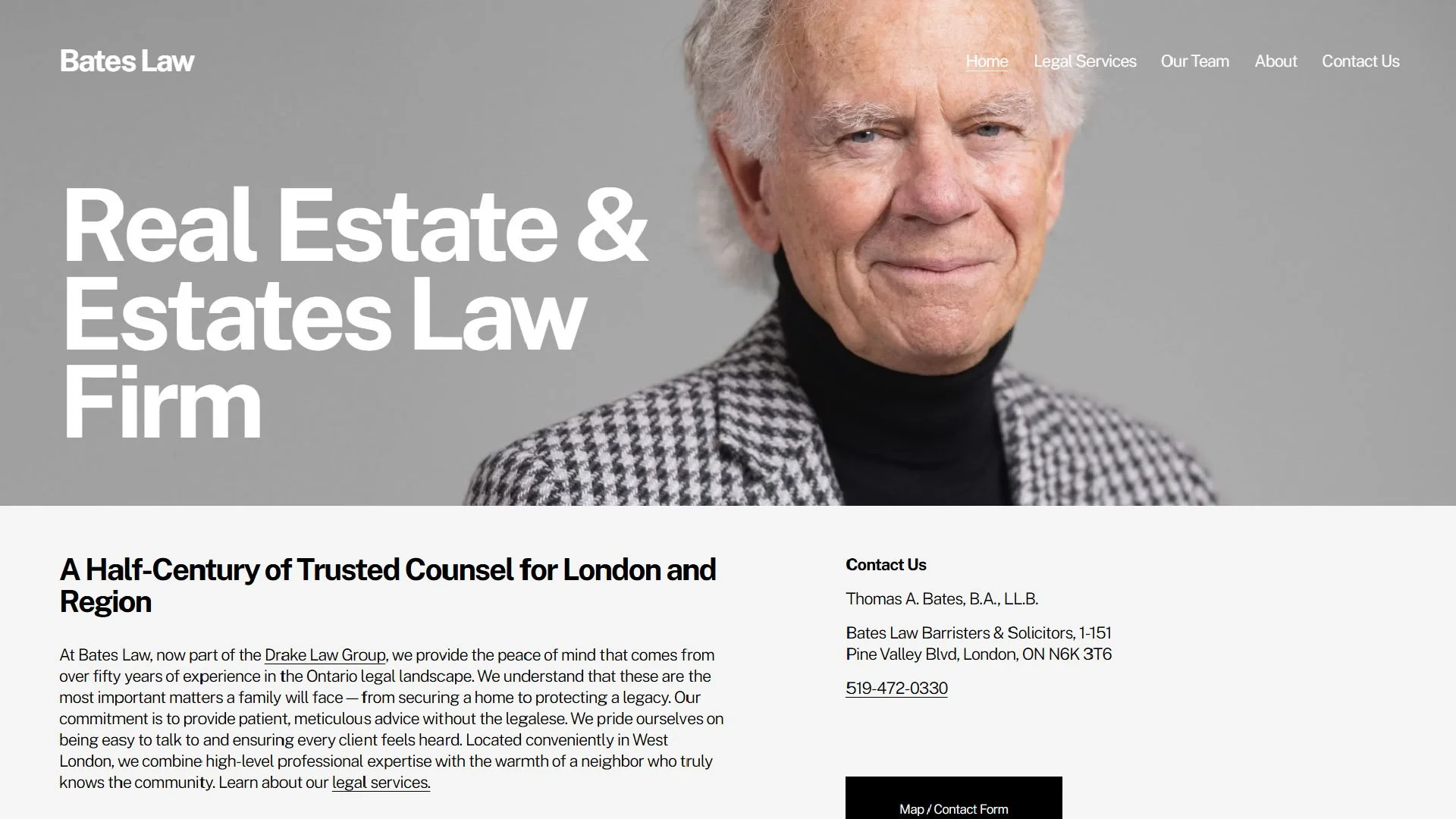 Screenshot of the Bates Law homepage, featuring a professional headshot of Thomas Bates in the header banner and "Real Estate & Estates Law Firm" overlay. The page includes the firm's logo wordmark, navigation menu, and an intro overview paragraph.