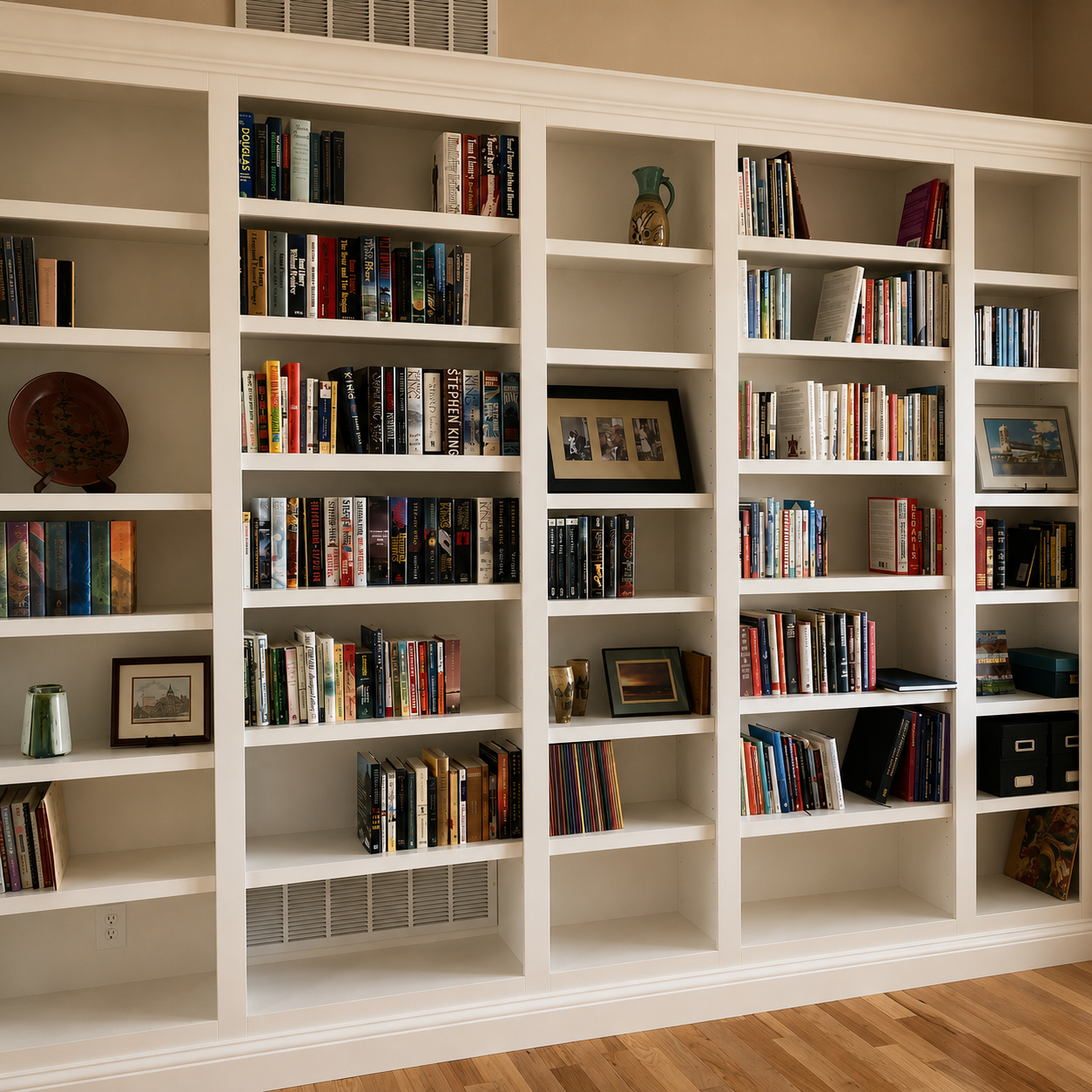 white bookshelf, built in bookshelf.