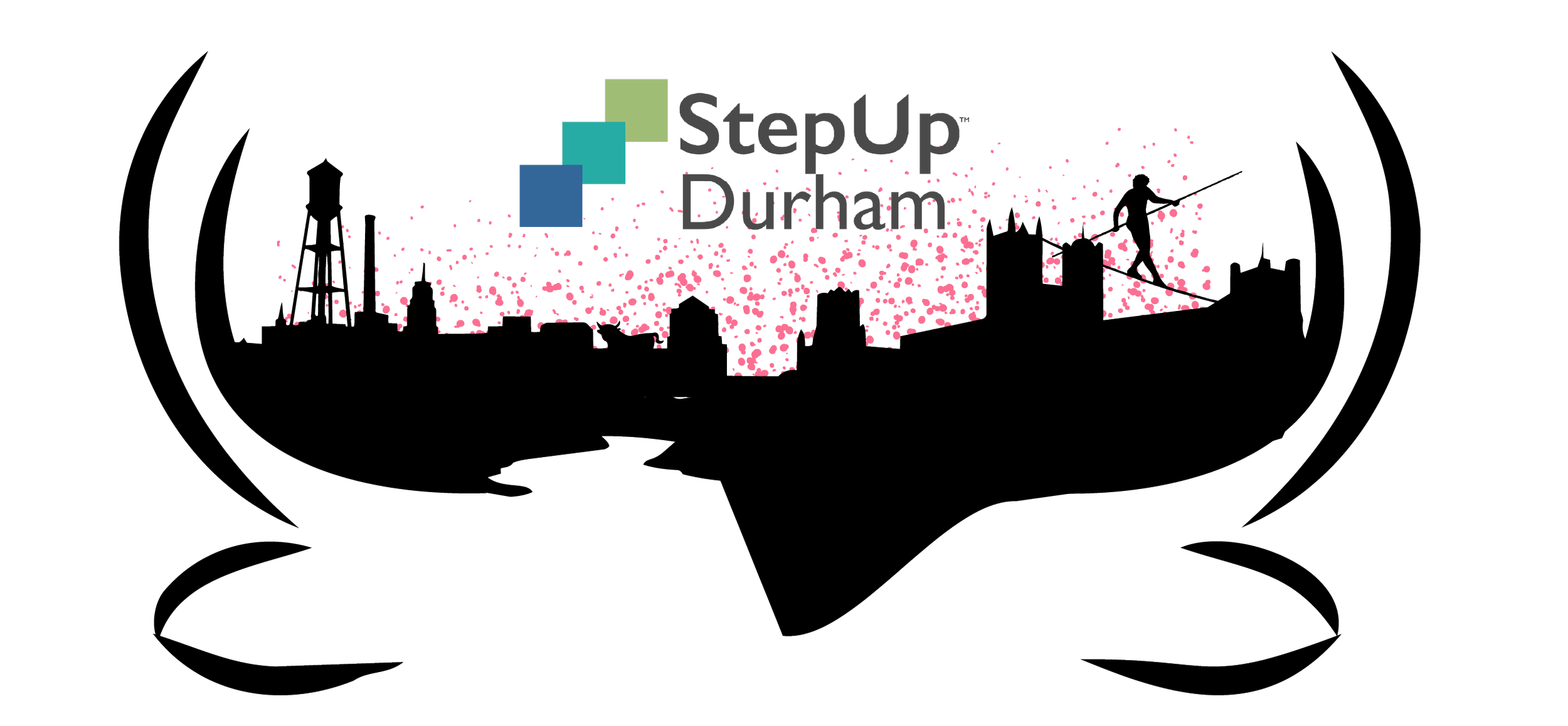 Graphic illustration of Durham skyline with pink cherry blossoms, water tower, and cranes, surrounding the StepUp Durham logo.