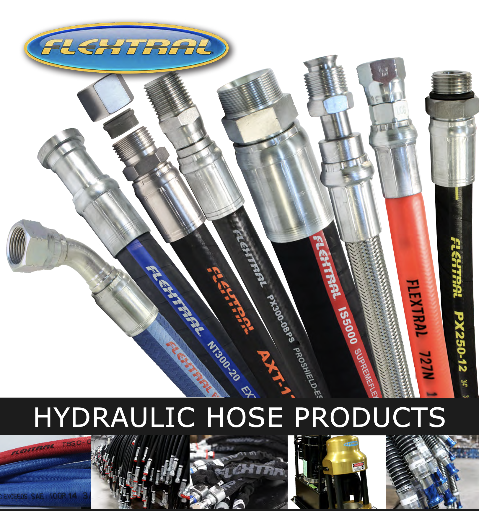 Various hydraulic hoses and fittings displayed with brand labels, promotional banner reading 'Hydraulic Hose Products' at the bottom