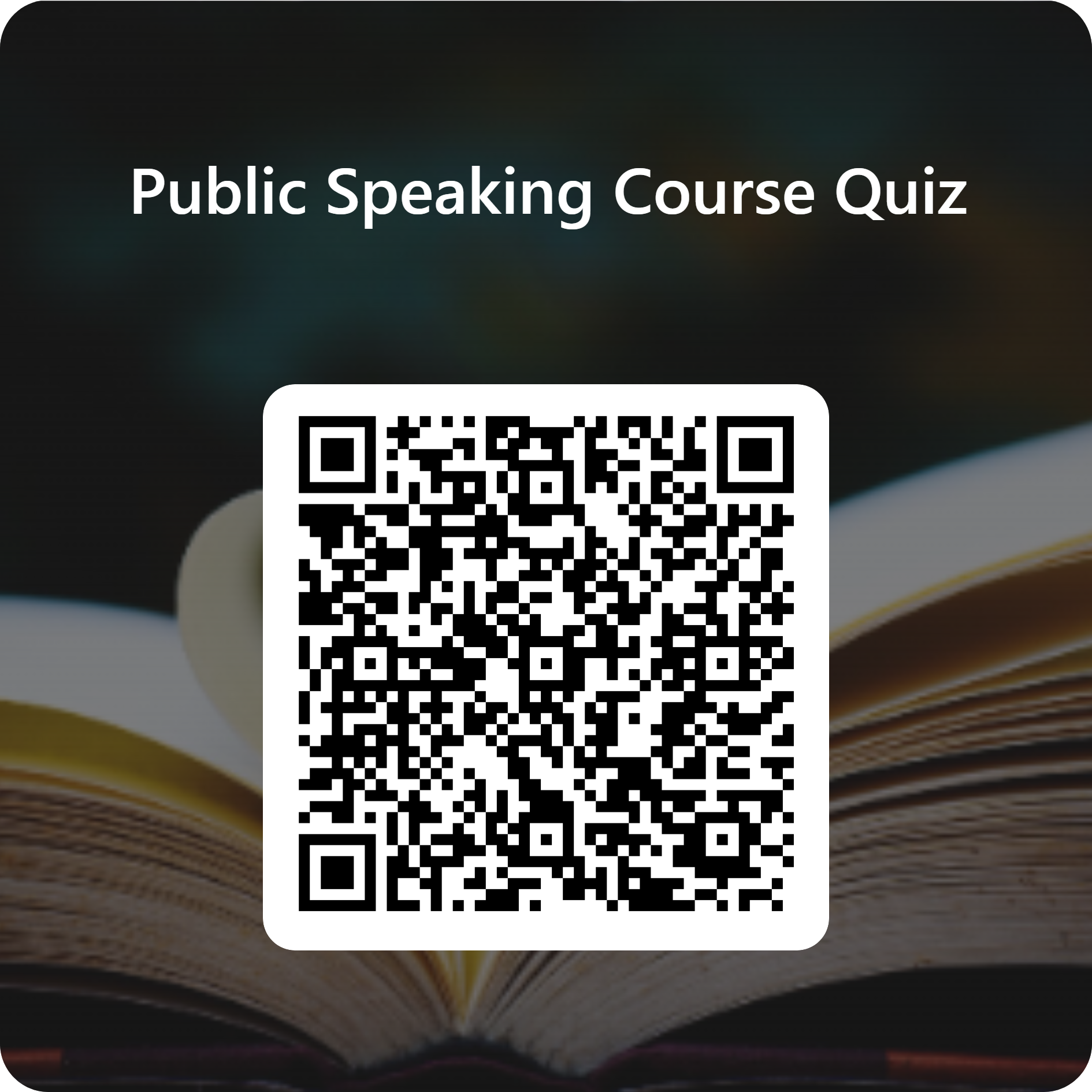 Screen displaying a QR code for a public speaking course quiz with an open book in the background.