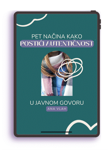 Book cover titled 'Pet načina kako postići autentičnost u javnom govoru' by Ana Vlah, featuring a photograph of a person speaking into a microphone and graphic swirl designs.