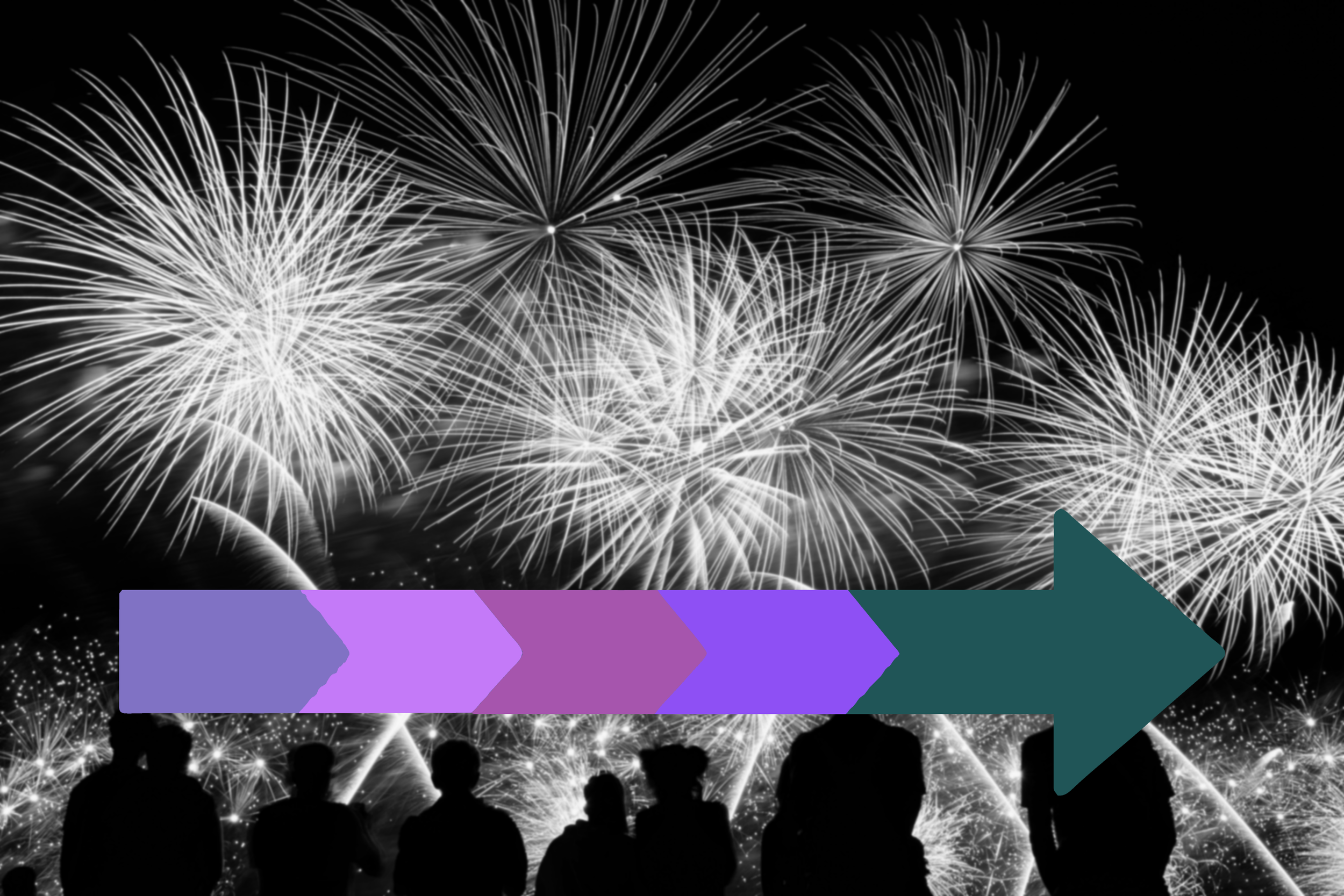 A group of people watching fireworks display at night, with fireworks bursting in the sky in the background.