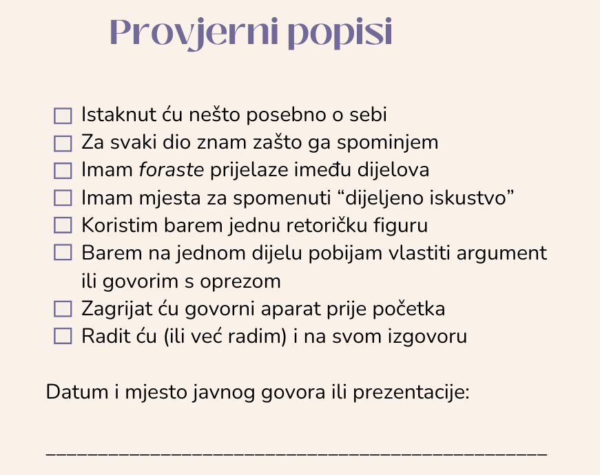 Checklist with items in Croatian, including points about speech preparation and presentation skills, such as knowing oneself and topic, using a rhetorical figure, practicing with a microphone, and the date and location for a speech.