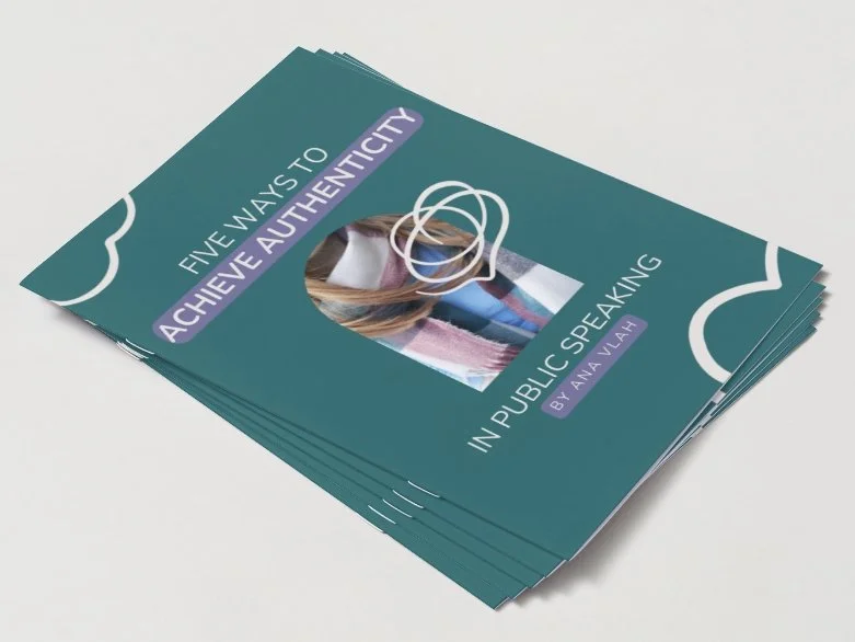Flyer titled 'Five Ways to Achieve Authenticity in Public Speaking' with a photo of a woman with a big scarf.