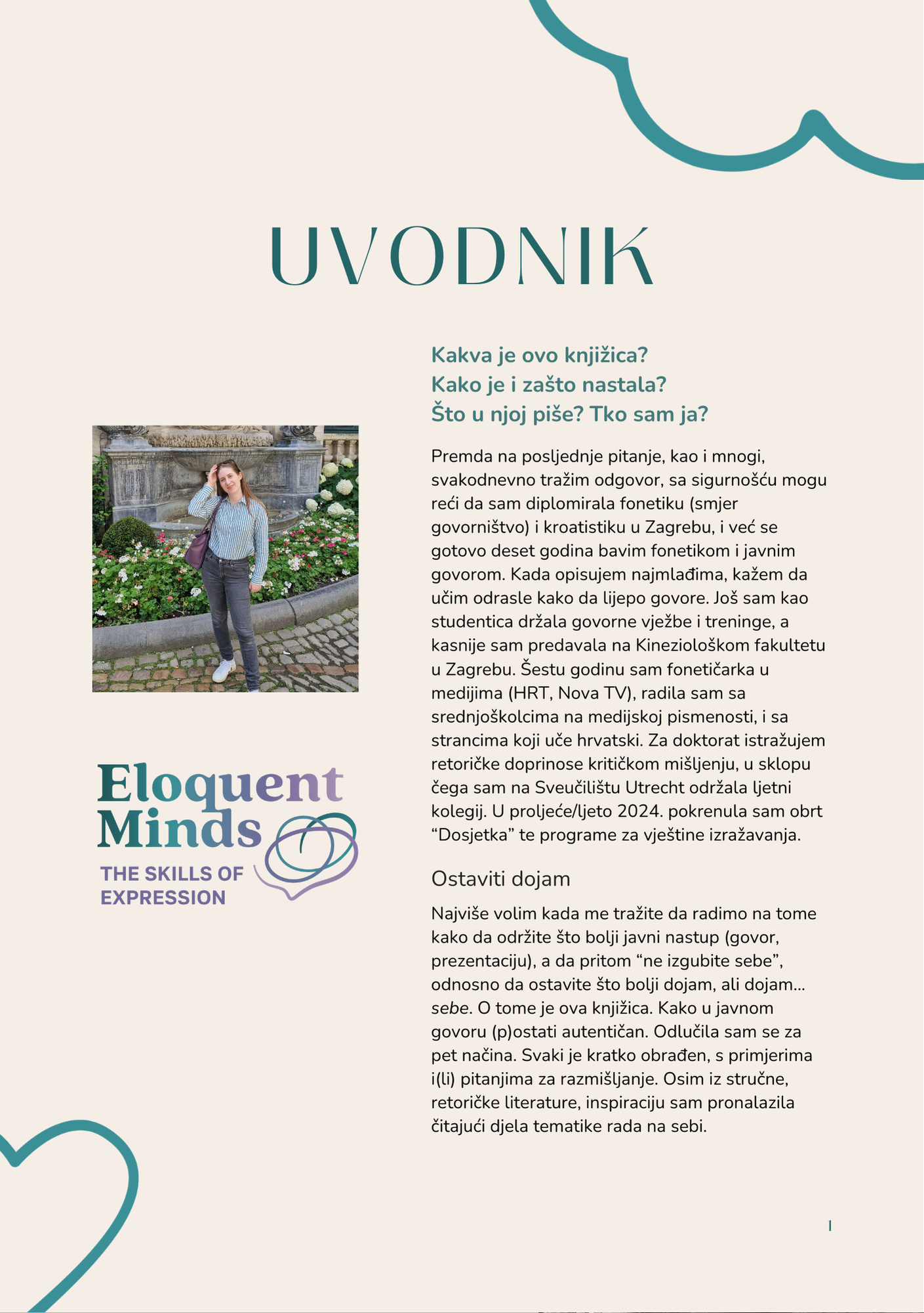 Book page with the title "Uvodnik" and a photo of a woman standing outdoors near a fountain, with text about her background and skills in speech and media.