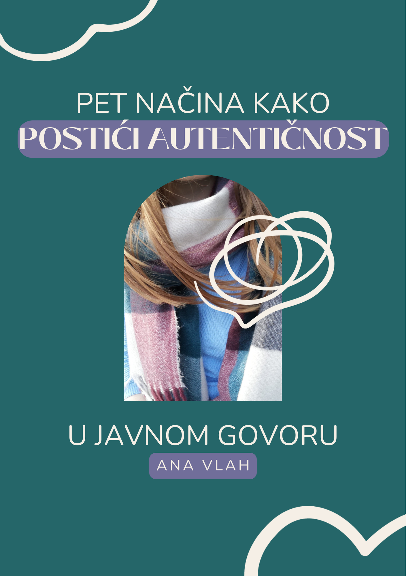 Book cover in Serbian language titled 'Pet Načina Kako Postici Autentičnost u Javnom Govoru' by Ana Vlah, featuring a photo of a woman wearing a colorful scarf and a face mask, with white and purple text and doodle art on a green background.
