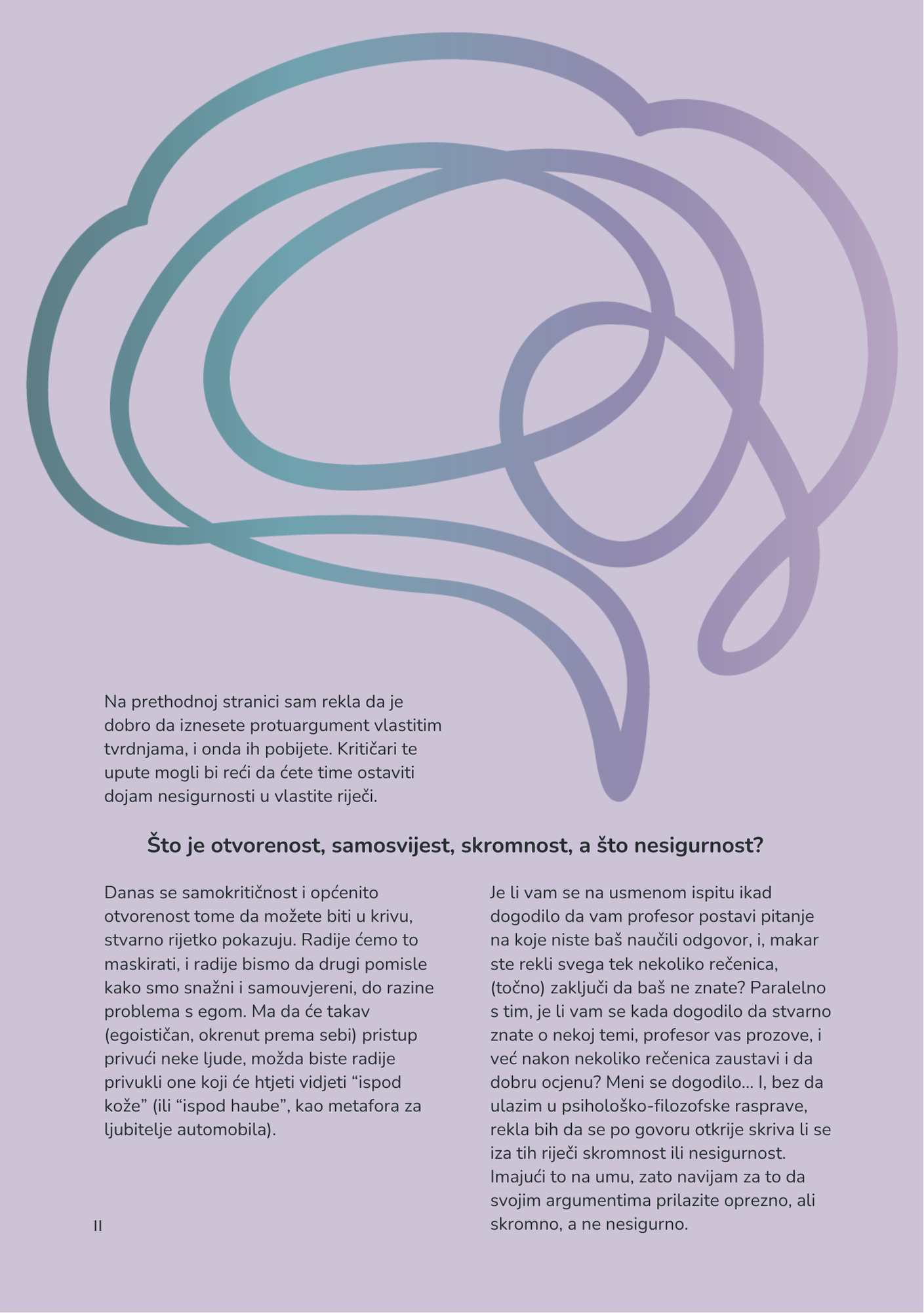 A purple abstract line drawing resembling a human brain on a lavender background, with text in Croatian discussing openness, self-awareness, humility, and insecurity.