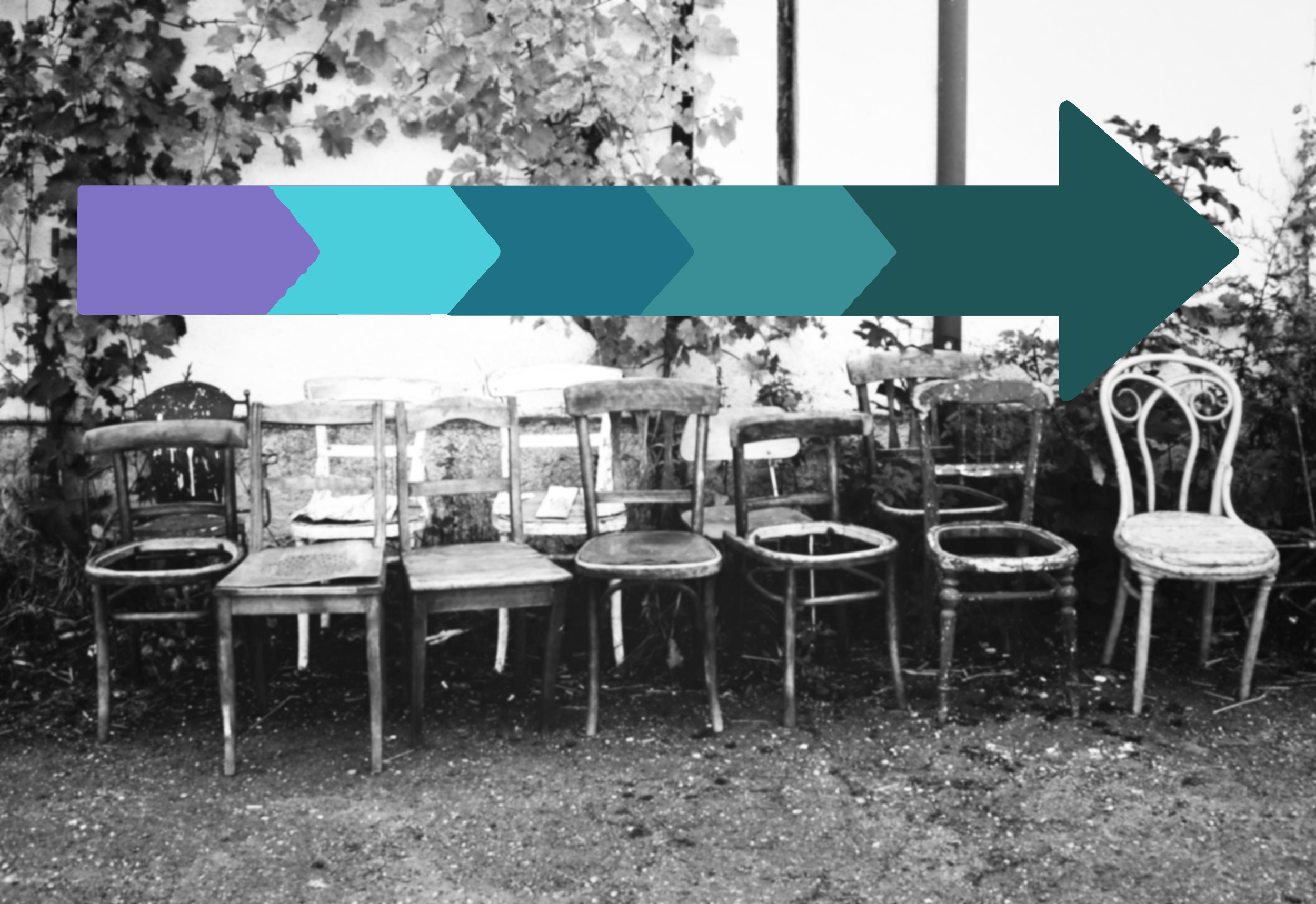 Black and white photo of several old chairs lined up outdoors in front of bushes, with a large arrow graphic overlay pointing to the right.