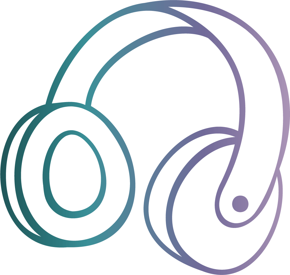 Outline drawing of a pair of headphones with a gradient color transition from teal to purple on a black background.