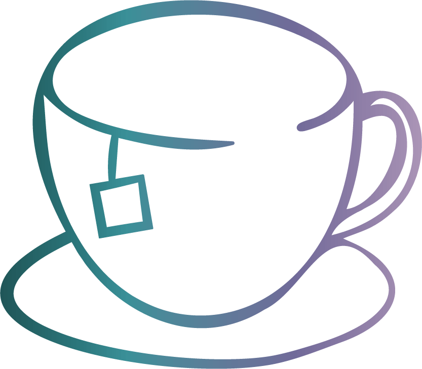 Outline of a tea cup with a tea bag hanging inside, placed on a saucer.