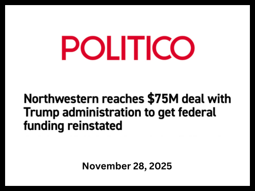 "Northwestern University agreed to pay $75 million to the federal government as part of a deal with the Trump administration to restore millions in frozen federal research dollars.
The university said Friday the agreement would end probes by the Depa