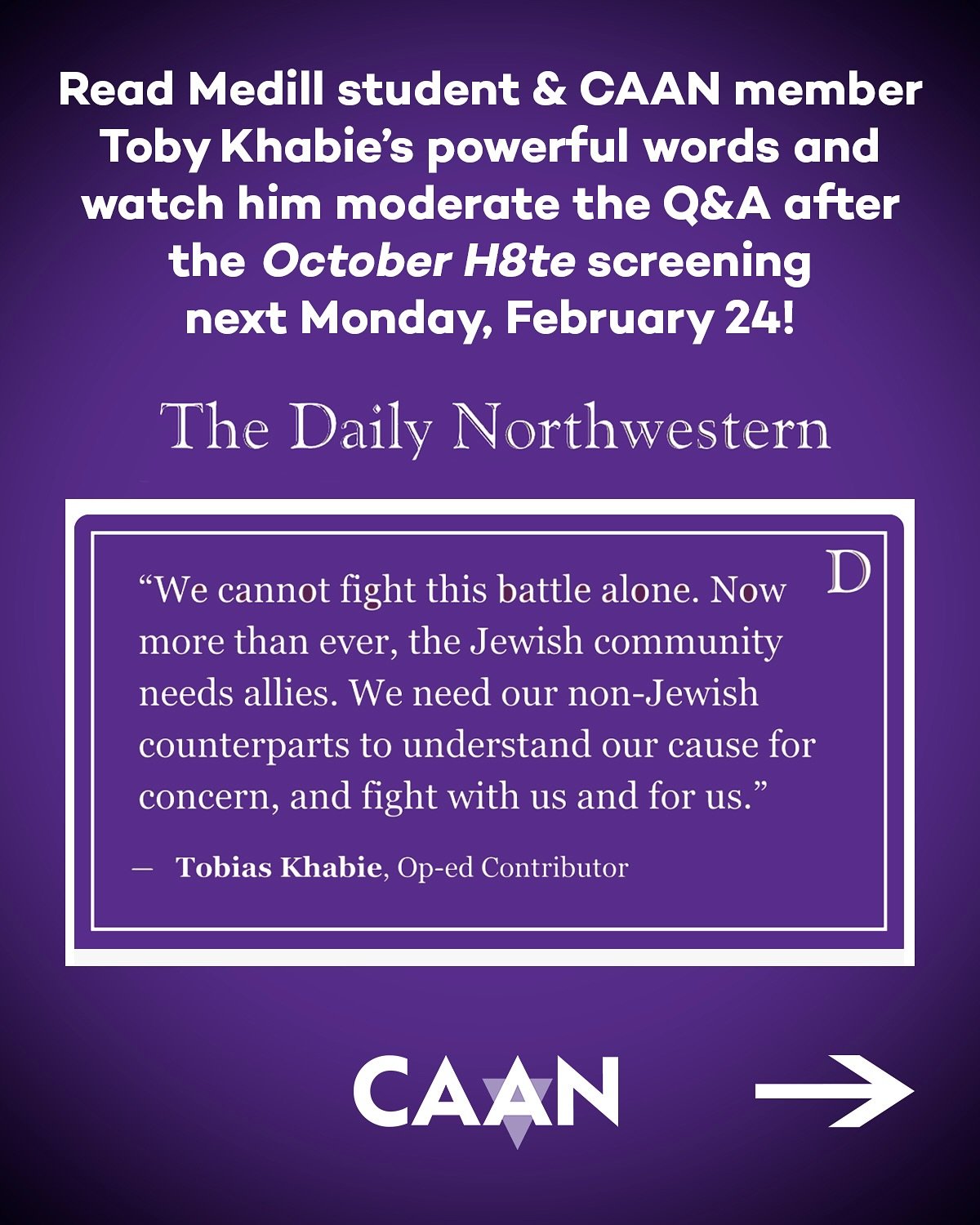 Thank you @tzkhabie for your compelling Op-Ed, urging us to reflect on the catastrophic rise of antisemitism post-October 7th and its impact on our campus.
If you’re unsure where you stand on this issue, now is the time to engage. On Feb