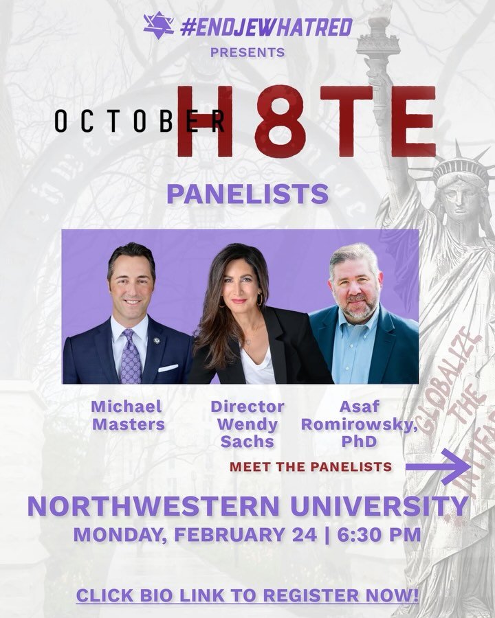 Meet the three panelists participating in the Q&A following an exclusive screening of “October H8te” presented by #EndJewHatred at #NorthwesternUniversity on February 24th:
▪️ Wendy Sachs – Director, Northwestern alumna
▪️ Mich
