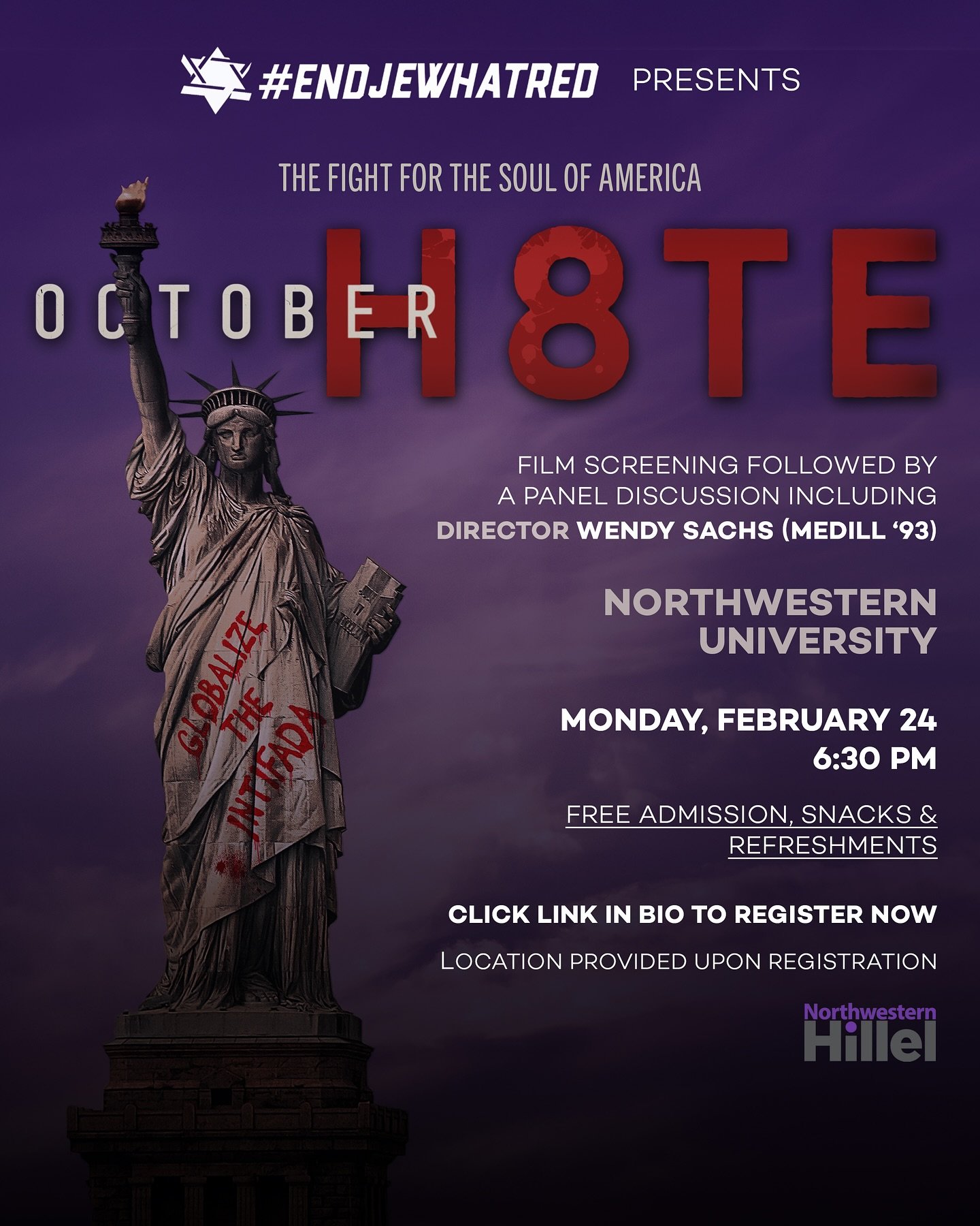 #EndJewHatred is honored to partner with “October H8te” for an exclusive screening at #NorthwesternUniversity on February 24th.
About the Film:
With executive producers including Debra Messing and Wendy Sachs, “October H8te&rdqu