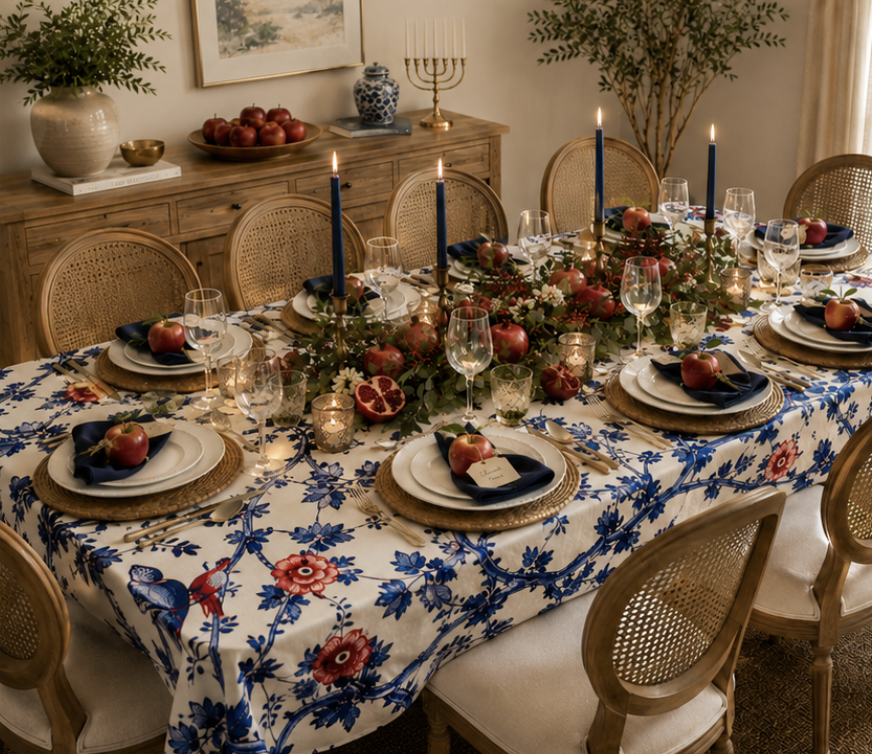 Blue Floral & Bird Table Cloth