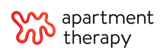 Logo with red abstract shape, yellow, pink, blue, and green lines, and the words 'apartment therapy' in black lowercase letters.