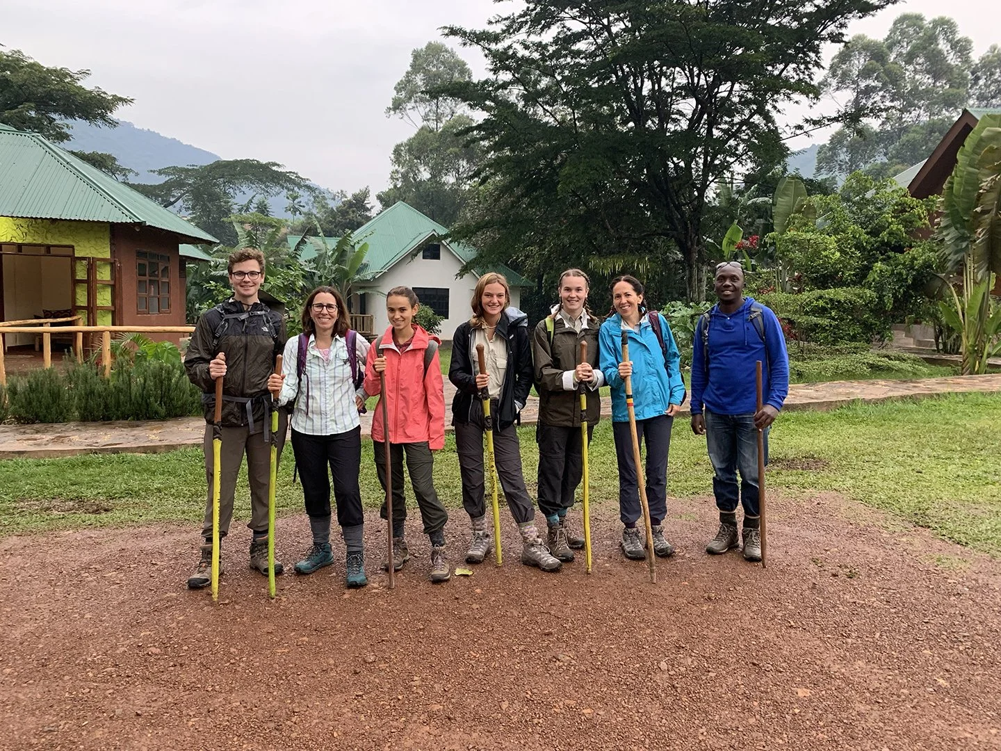 Team of high school students and ITWA’s Picho Shaddrack getting ready for the gorilla trekking during down time in Bwindi