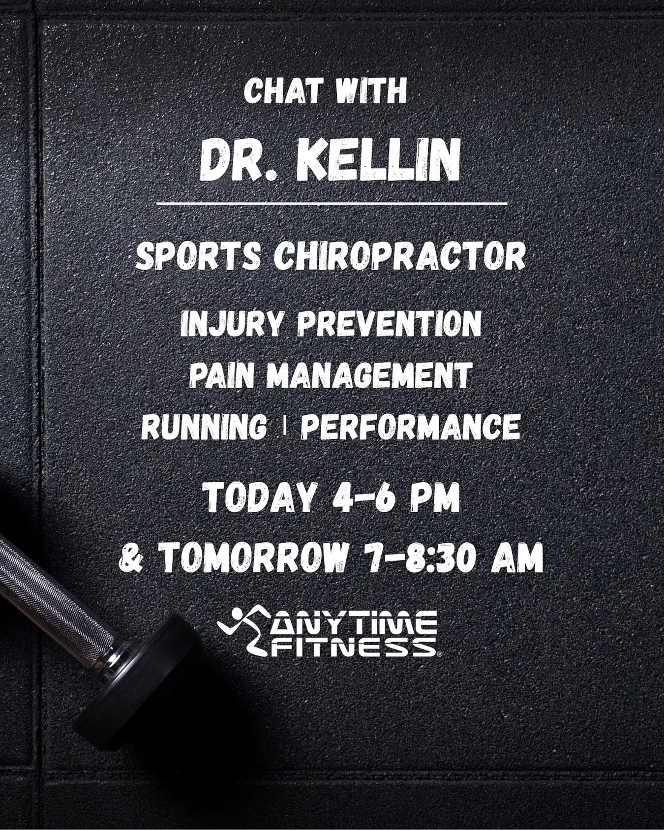 🚨 Catch Dr. Kellin at Anytime Fitness today from 4&ndash;6 p.m. and tomorrow from 7&ndash;8:30 a.m.!

I&rsquo;ll be hanging out to chat all things:
 ✅ Injury prevention ✅ Pain management ✅ Running tips ✅ How to boost performance in your sport or act