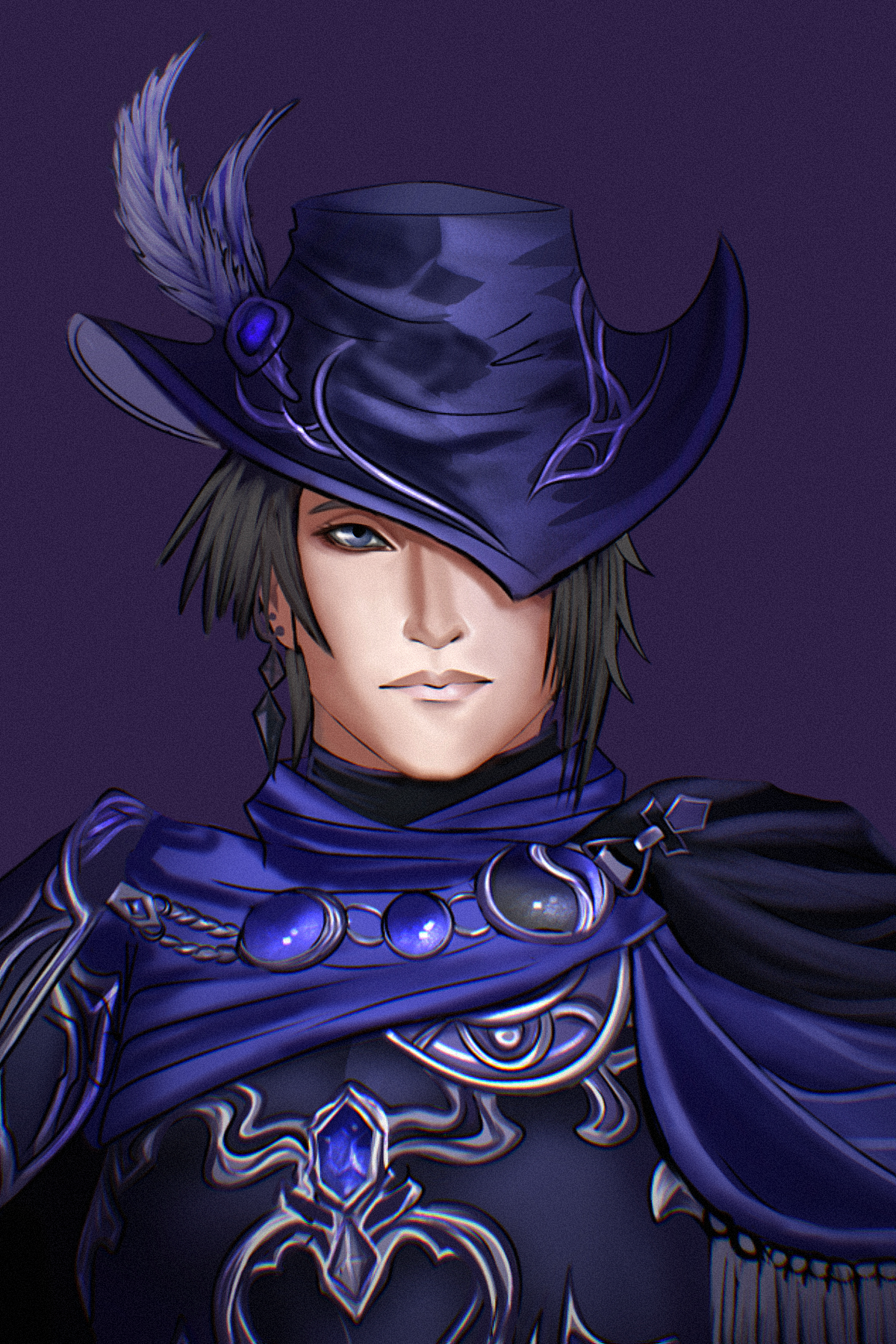 Digital artwork of a character wearing a large purple hat with a feather, an eye symbol on the chest, and detailed blue and silver armor and clothing.
