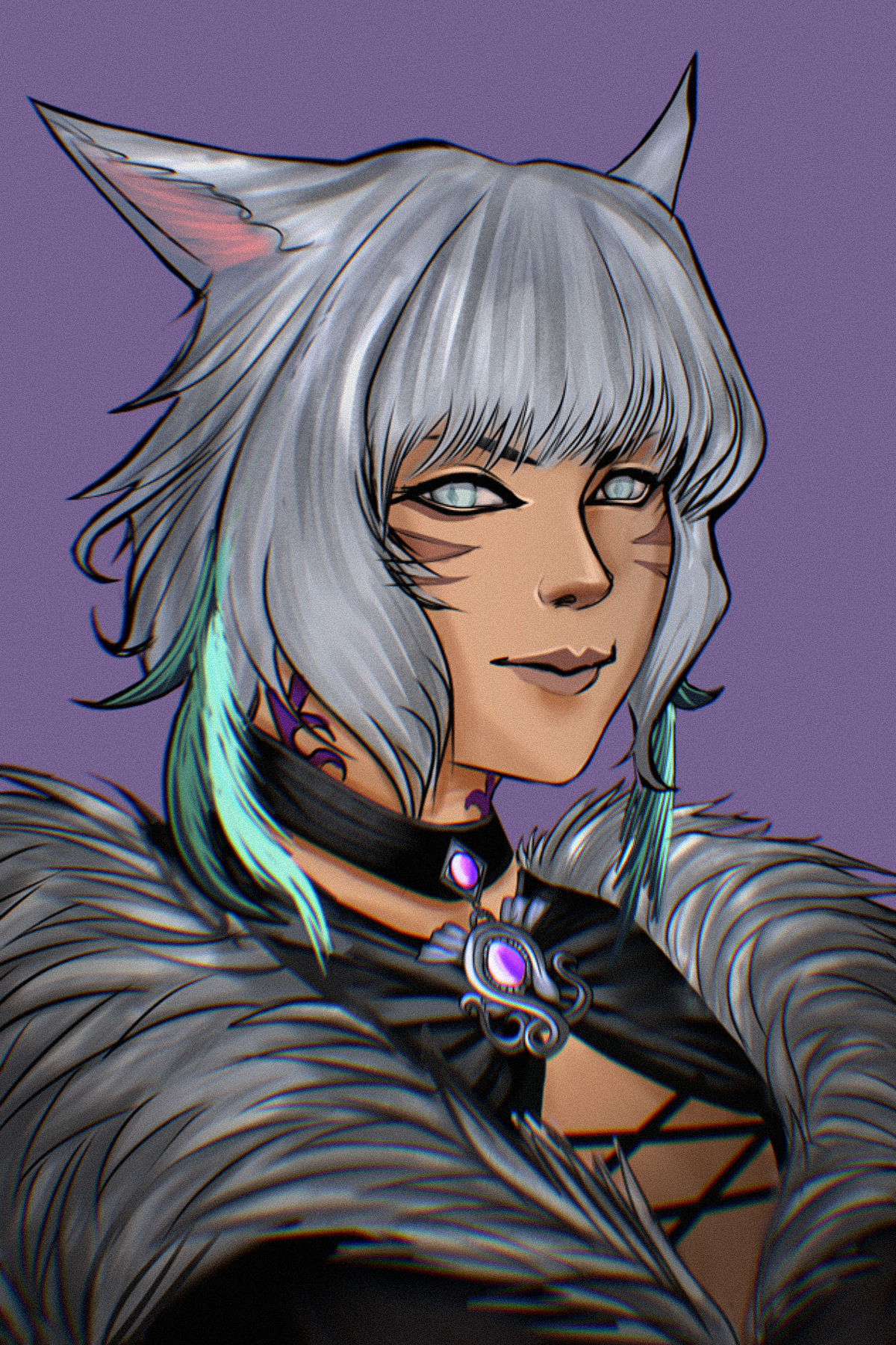 Digital illustration of a female character with gray wolf ears and hair, wearing a black choker with a purple gem, a wolf fur cloak, with a confident smile and light purple background.