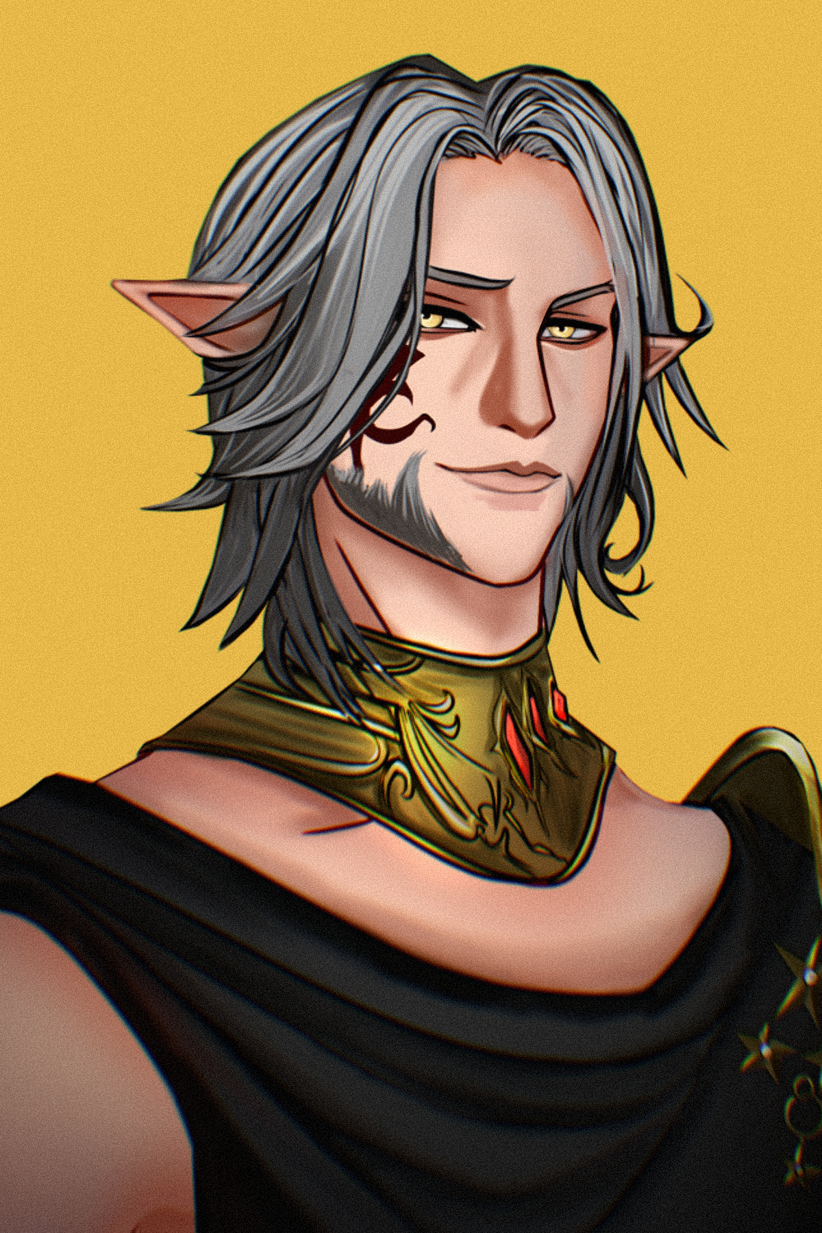 Digital art of a fantasy elf character with grey hair, pointed ears, and a confident smirk, wearing a gold and red ornamented collar against a yellow background.