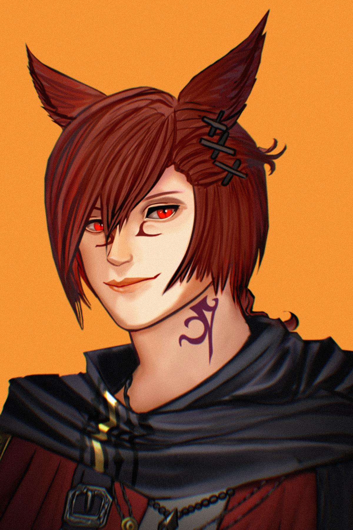 Illustration of a character with fox ears and red eyes, short red hair, a purple tribal tattoo on the neck, wearing a dark cape and red clothing, with a confident smile against an orange background.