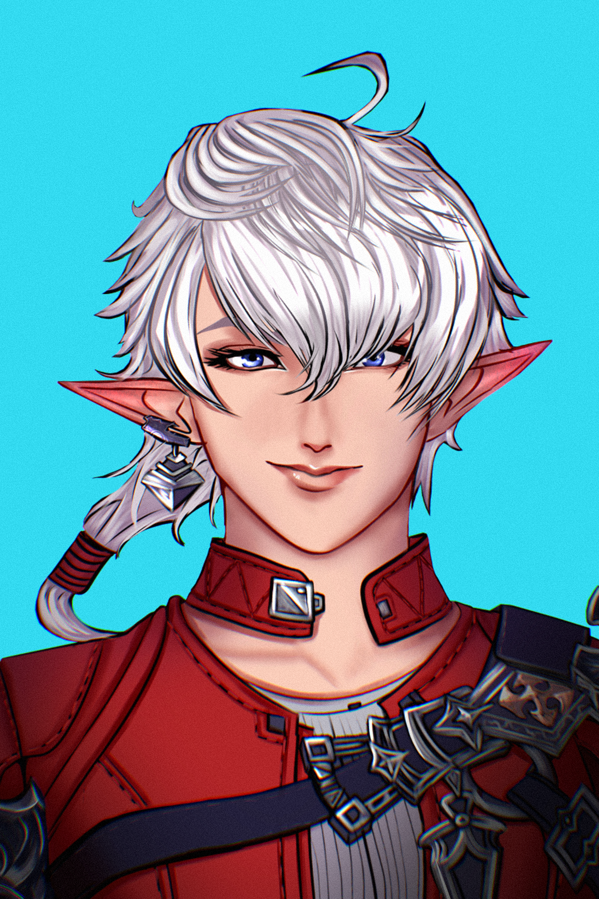 Digital illustration of a fantasy elf character with silver hair, pointed ears, and blue eyes, wearing a red and black armor with metallic accents, set against a blue background.
