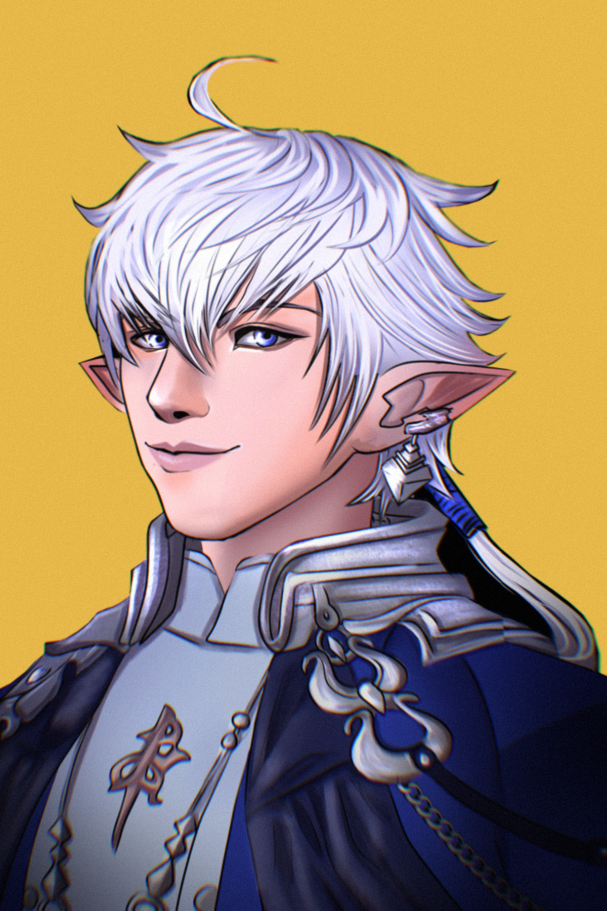 Digital illustration of a fantasy elf character with white hair, pointed ears, and blue eyes, dressed in elaborate armor with gold and black details, against a plain yellow background.