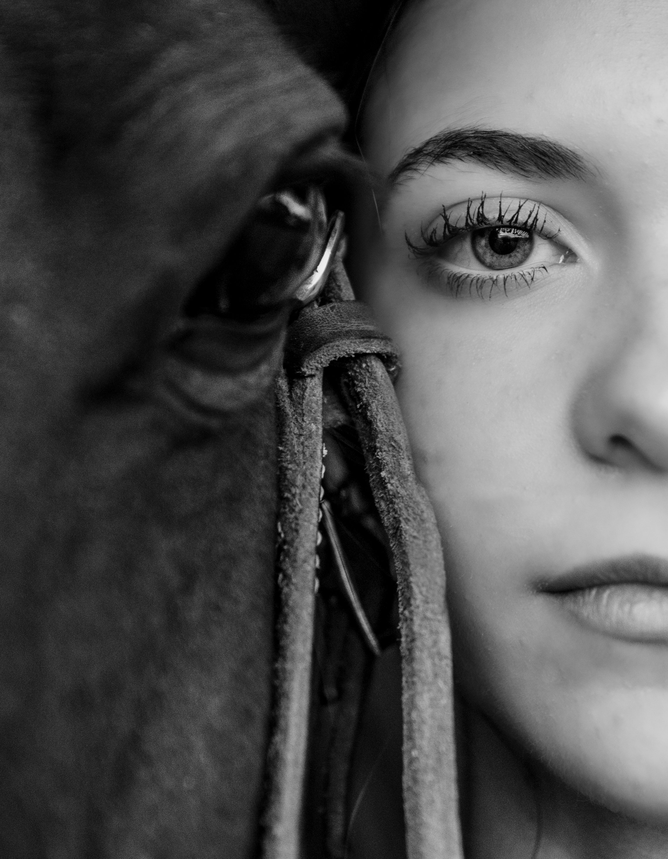 Close-up black and white photo of a  woman’s and her horse's faces pressed closely together, focusing on their eyes. Kansas luxury equine photography