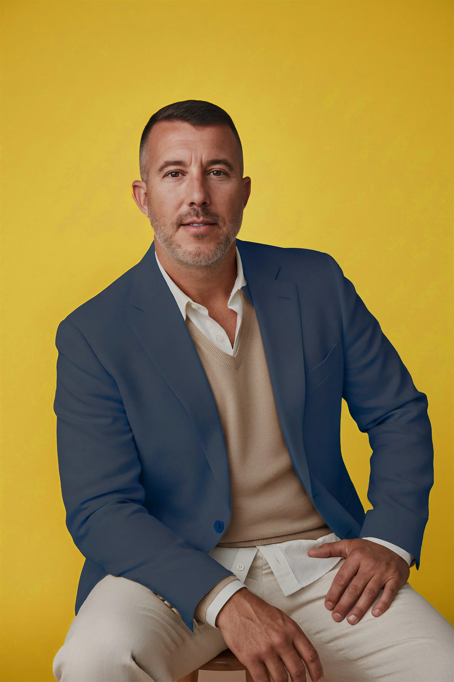 A man sitting on a stool against a yellow background, wearing a blue blazer, beige sweater, white shirt, and white pants.