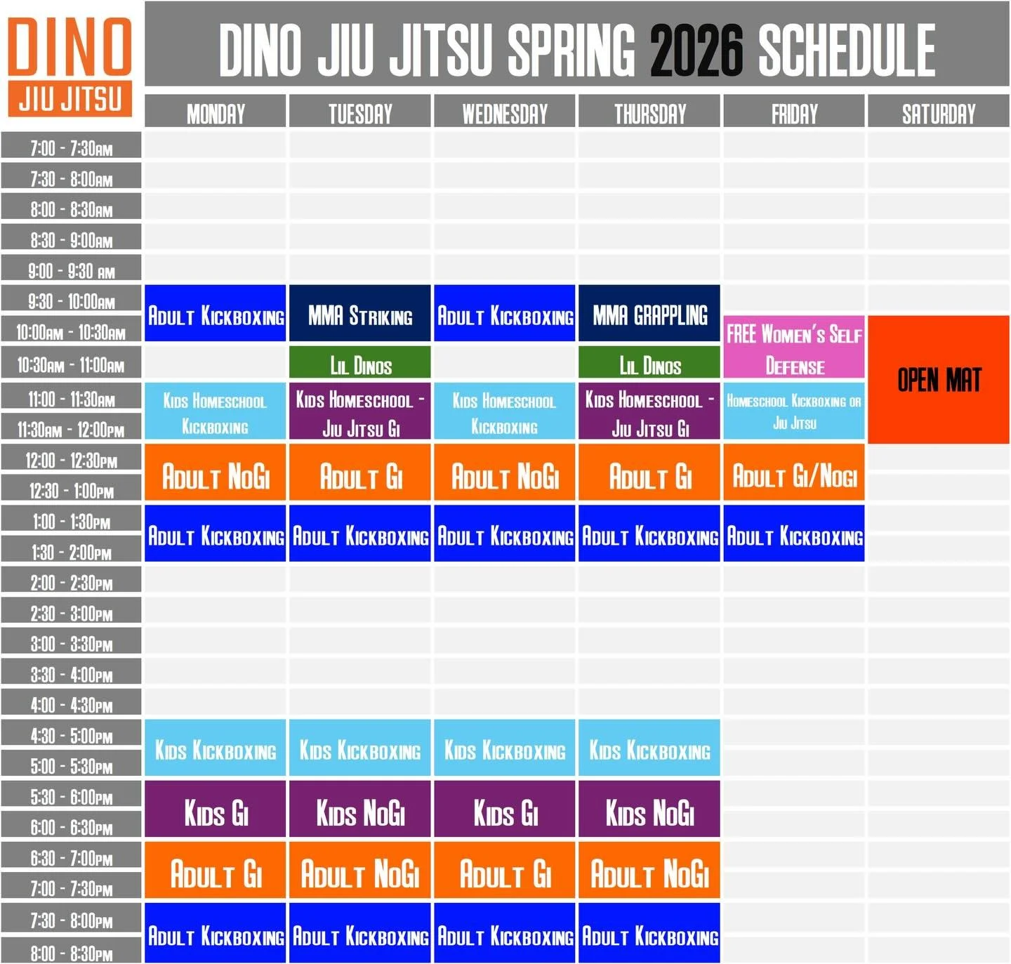 New DINO Spring 2026 schedule. We are building something worth building. A community of amazing people! If you are already a member show up and keep training let us know what are your goals this year ? What do you want to accomplish? For those out th