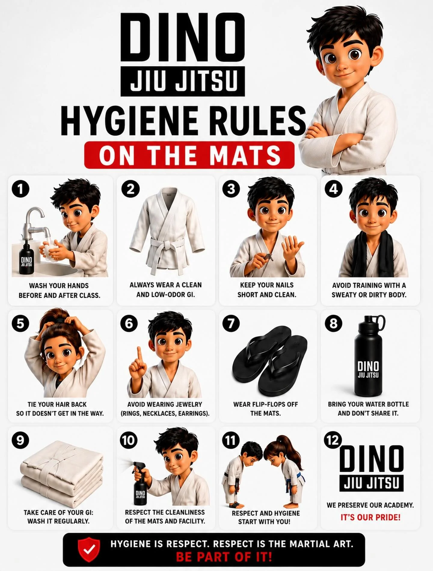 🦖 Clean mats. Safe training. Better Jiu-Jitsu.

At Dino Jiu Jitsu, respect starts long before the first roll.

Good hygiene isn&rsquo;t just about keeping the academy clean&mdash;it&rsquo;s about protecting your training partners, preventing skin in