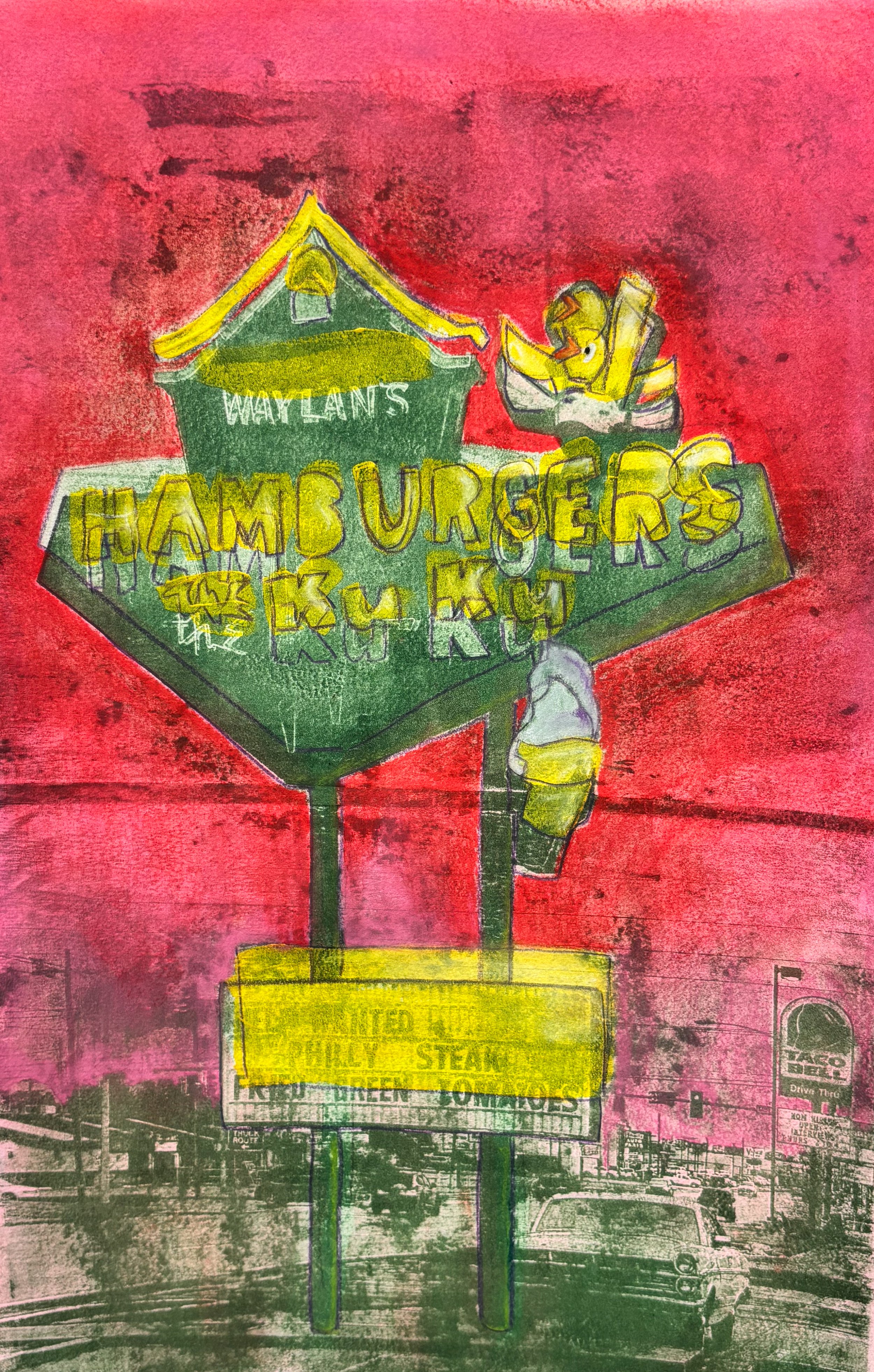 2026 Monoprint: Image transfer, acrylic paint, and chalk pastel.