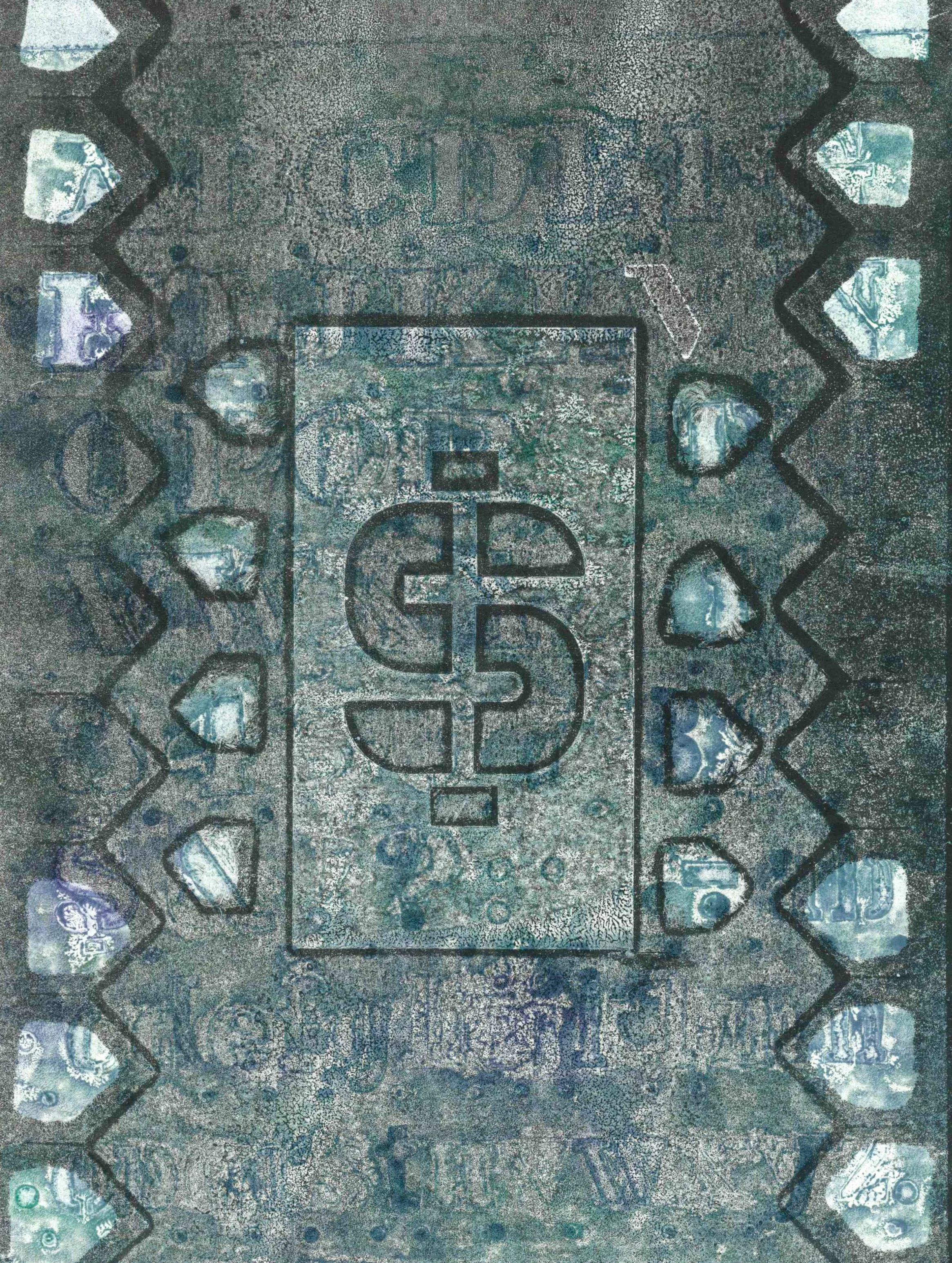 Monoprint Money: stencils and felt used 2025