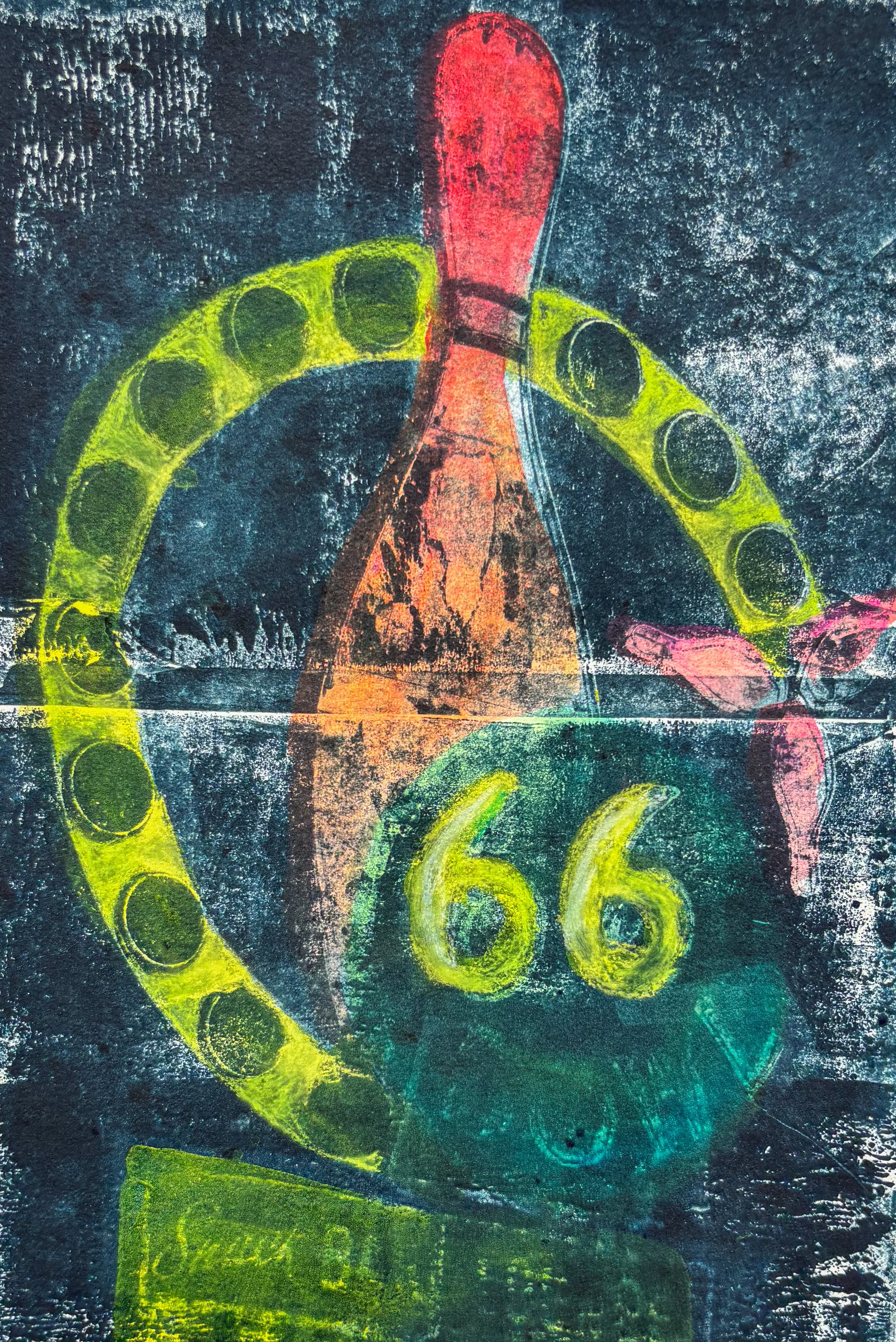 2026 Monoprint: Image transfer, acrylic paint, and chalk pastel.