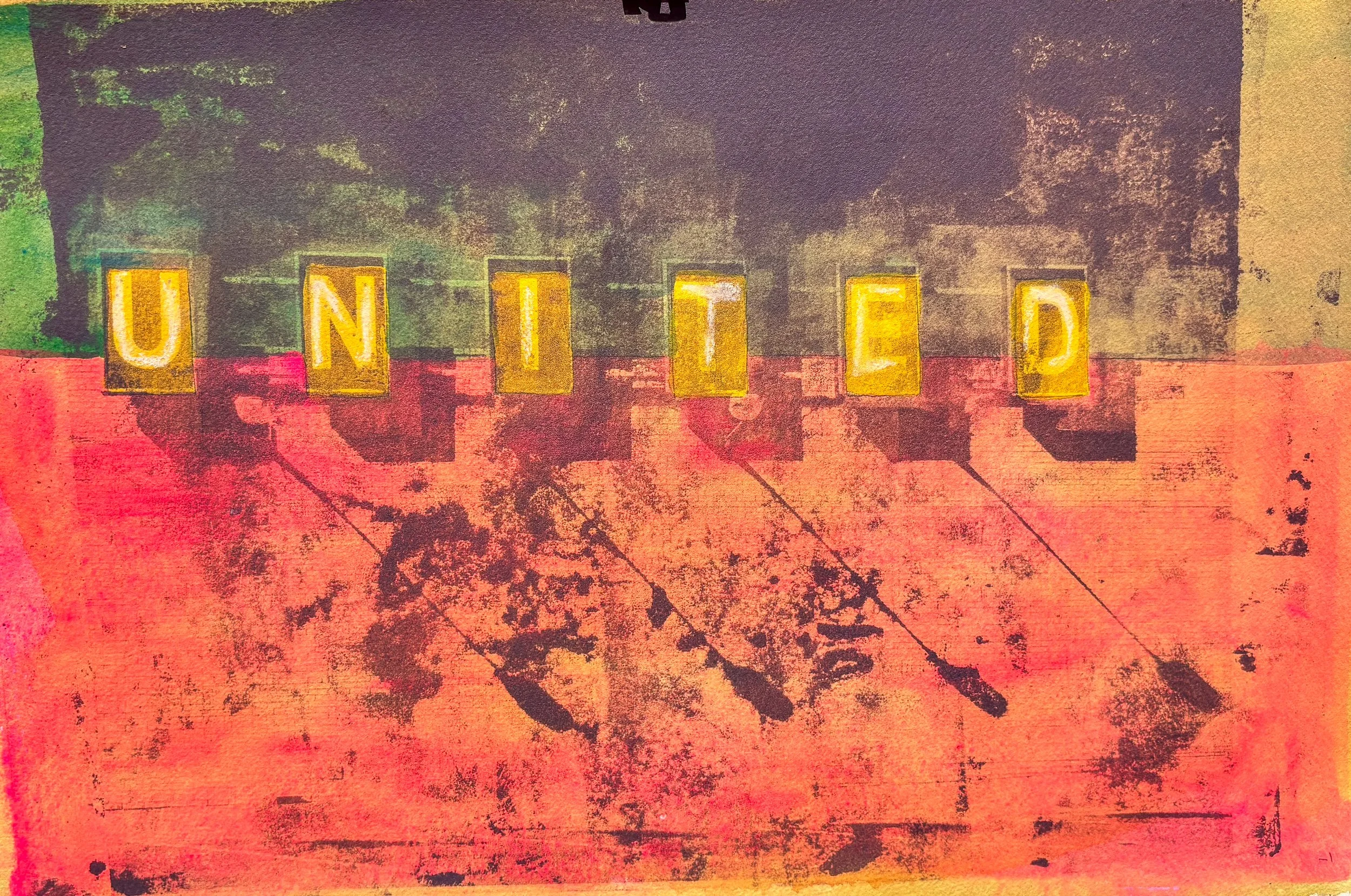 2026 Monoprint: Image transfer, acrylic paint, and chalk pastel.