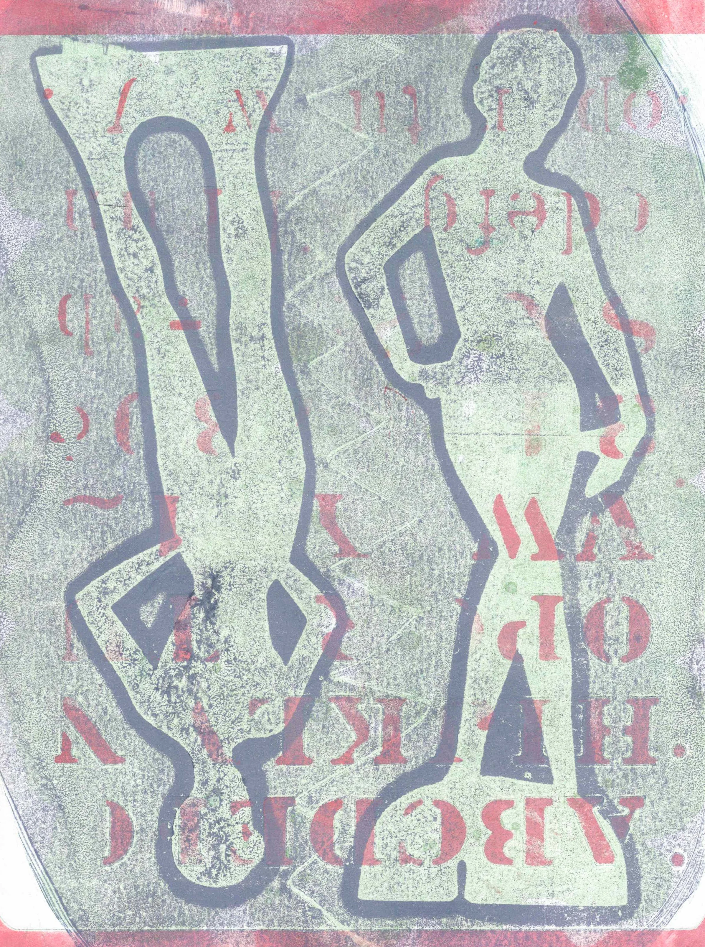 Power Pose: monoprint 2025 using alphabet stencil and cardboard paper dolls