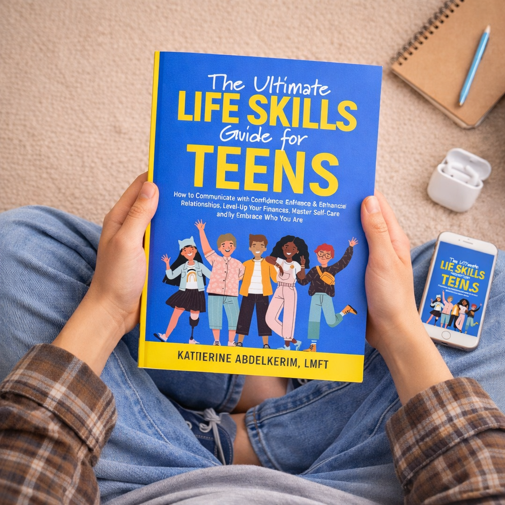 Person sitting on the floor reading a blue book titled "The Ultimate Life Skills Guide for Teens" by Katherine Abdelkerim. There is a smartphone displaying the book cover next to them, a notebook, and wireless earbuds on the carpet.