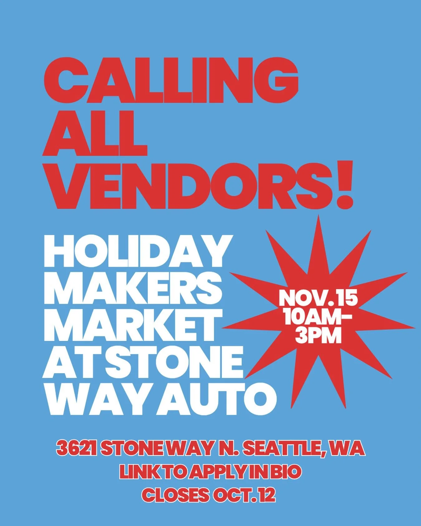 We&rsquo;re back for another Holiday Makers Market on November 15th at Stone Way Auto! We&rsquo;re looking for vendors who offer handmade goods, prints, ceramics, candles, vintage, mosaics, sweets, body care, jewelry, etc.! Apply now at the link in o